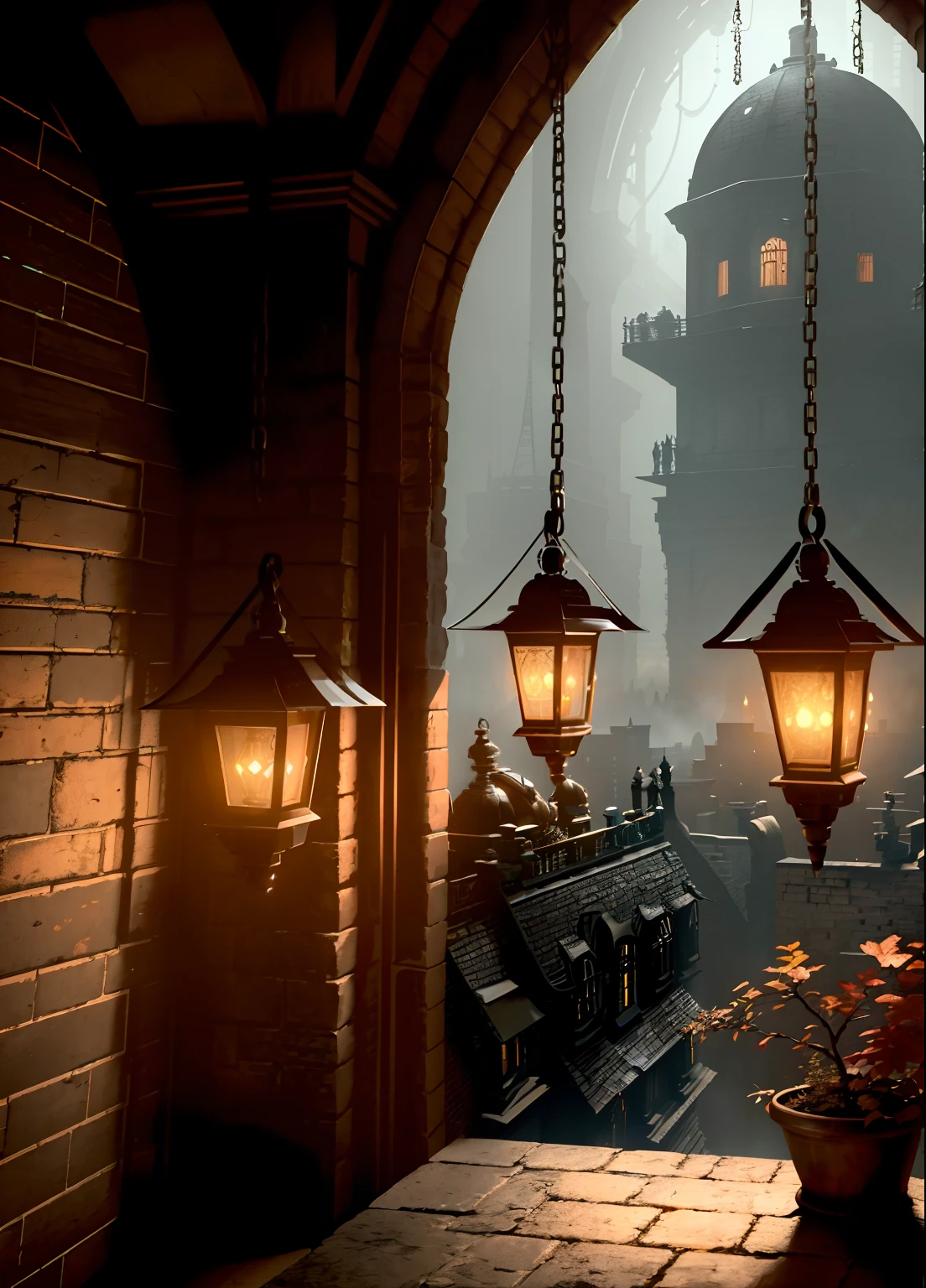 "An architectural masterpiece with intricate details, rendered in 8K HDR, set in a complex steampunk-inspired world (1.4), featuring sprawling urban landscapes (1.7) and underground dungeons (1.8). The scene is lit with dim yet realistic lighting, with brass gears and lanterns hanging from chains. There are multiple layers and a 3D feel to the piece, further enhanced by an increase in brightness (1.3) contrasted against a dark background."