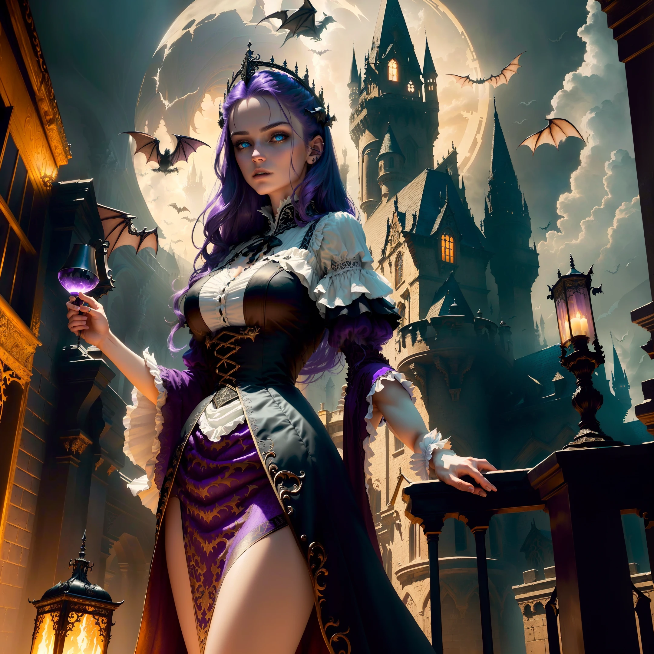 Dark fantasy, female vampire, caucasian, beautiful features, intricate details, light blue eyes, high-quality, HDR, hyperrealistic, hyperdetailed, unreal engine, dangerous, purple hair, black dress, standing in front of floating castle, wings, front right side view, the bats, vampire lair horror, creepy atmosphere HDR, hyperrealictic, ((intricate details)), ((intricate details, hyperdetailed)), cinematic, volumetric lighting