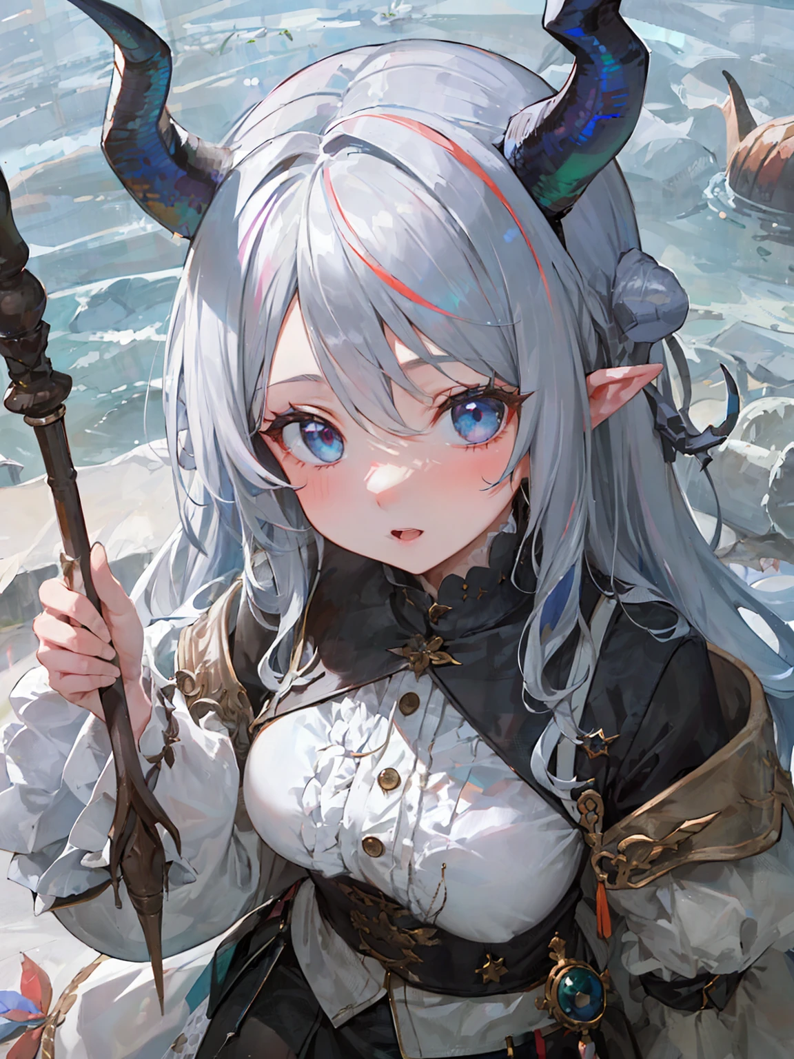 ((masterpiece, best)), 1girl, (mature woman: 1.4), 130mm f1.4 lens, 1girl, solo, pointed ears, mini skirt, looking down, witch, plump breasts, (dragon wings: 1.4), (dragon horns : 1.4), saturated, colorful, prismatic hair, silver hair, colorful eyes