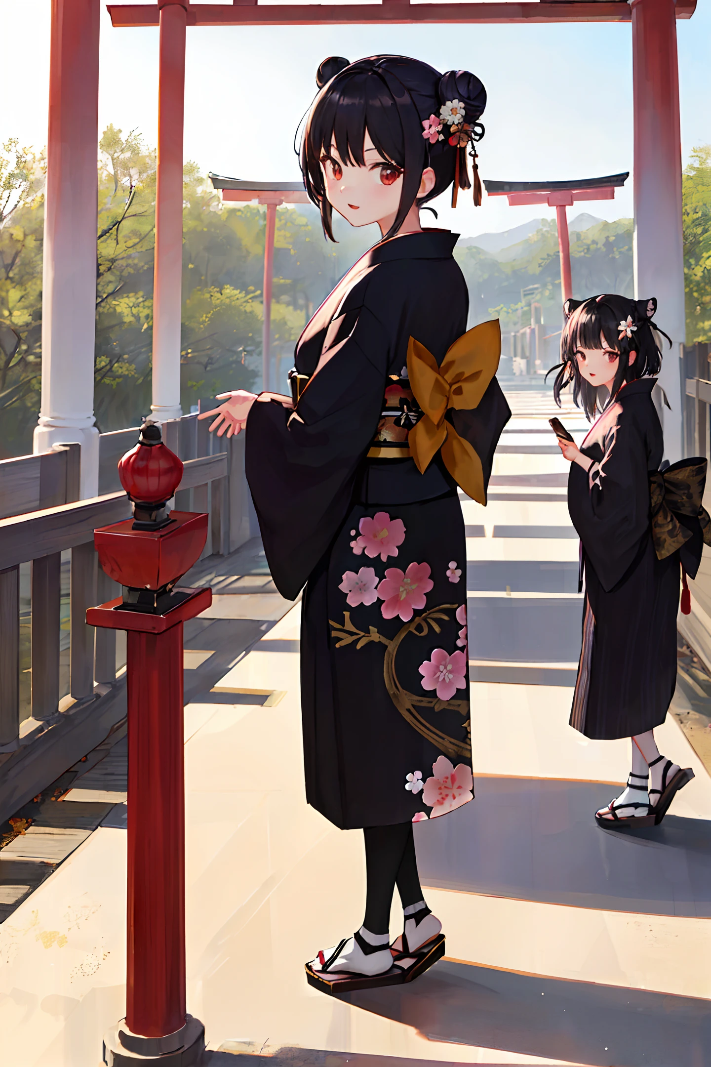 ((masterpiece,best quality)),2girls, black kimono, black legwear, black ribbon, black hair, cherry blossoms, day, flower, hair bun, hair ribbon, japanese clothes, kimono, long hair, looking at viewer, looking back , multiple girls, belts, outdoors, red eyes, white hair, ribbon, sandals, single bun, stairs, standing, statue, torii, tree, black kimono, tiger teeth