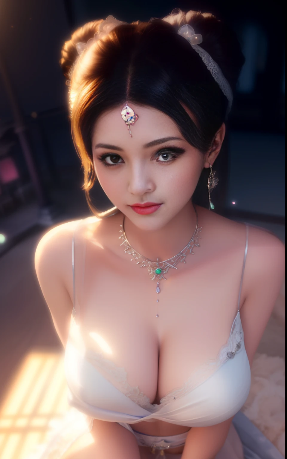 (((Ultra-Real)crafted, Masterpiece: 1.2) wide-angle shooting, large depth of field, distant view, multiple scenes, masterpiece, masterpiece, perfect, cute, sexy, erotic, exquisite, detail, meticulous, subtle changes, CG, ultra-real 8K ), Masterpiece, (Perfect Body: 1.2), (Side Light, Movie Flare), 1 Girl, (Silver Jewelry, Jewelry Hair: 1.2), (Perfect Legs: 1.4), (Long Silver Hair: 1.25), Flowy Long hair, (perfect and clean facial features), sparkling red eyes, (pink lips), (big breasts), cat ears, (mature beauty), thin tube top, smile, (realistic renderings), (transparent, white, Lace, bikini, white lace kimono, lace small bra, lace small thin underwear: 1.2), (Japanese shrine, indoor, torii, katana: 1.4), upper body, legs open, sitting, facing the audience, Seton style, Progressive city, futuristic city, utopian world, shiny great colors, booming architecture, high fashion and architectural design, luxury architecture, utopian future, highly detailed, HDR, perfect, amazing progressive architecture, perfect world , reflective surface, subsurface scattering, perfect architecture, beyond imagination, 8K, global illumination, wide angle, magic light, fantasy world, jewelry, gemstone, gold, silver, diamond, glitter, sapphire, ruby, emerald, pearl , amber, obsidian