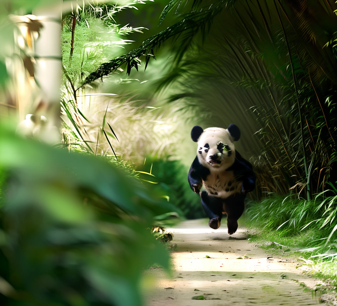 RAW, analog, masterpiece, leica_style, panda_tm, 1panda, a panda running happily in the bamboo forest
