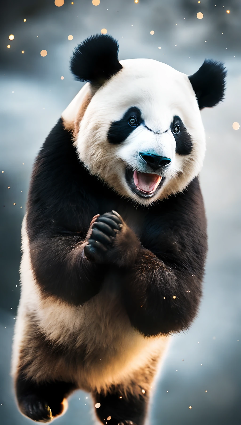 .Portrait of a happy panda flying in the clouds, bokeh, backlight