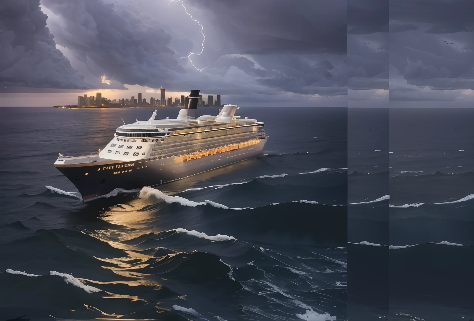 dramatic lighting, highest quality, Cinematic film still, (storm clouds:0.7), (stormy weather:0.5), dull, natural lighting, (direct light:0.4), 8mm film grain, photographed on a Sony a9 II, 24mm lens, F/2.8 aperture, deep focus, (RAW), 8k,,Large cruise ships, luxury cruise ships