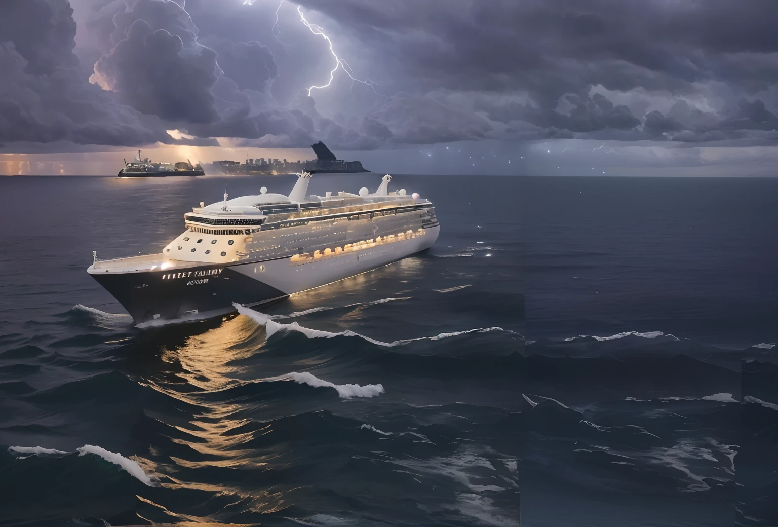 Dramatic Lighting, Highest Quality, Film Still, (Storm Clouds: 0.7), (Stormy Weather: 0.5), Dim Natural Light, (Direct Light: 0.4), 8mm Film Grain, Shot with Sony a9 II, 24mm Lens, F/ 2.8 aperture, deep focus, (RAW), 8k, large cruise ship, luxury cruise ship