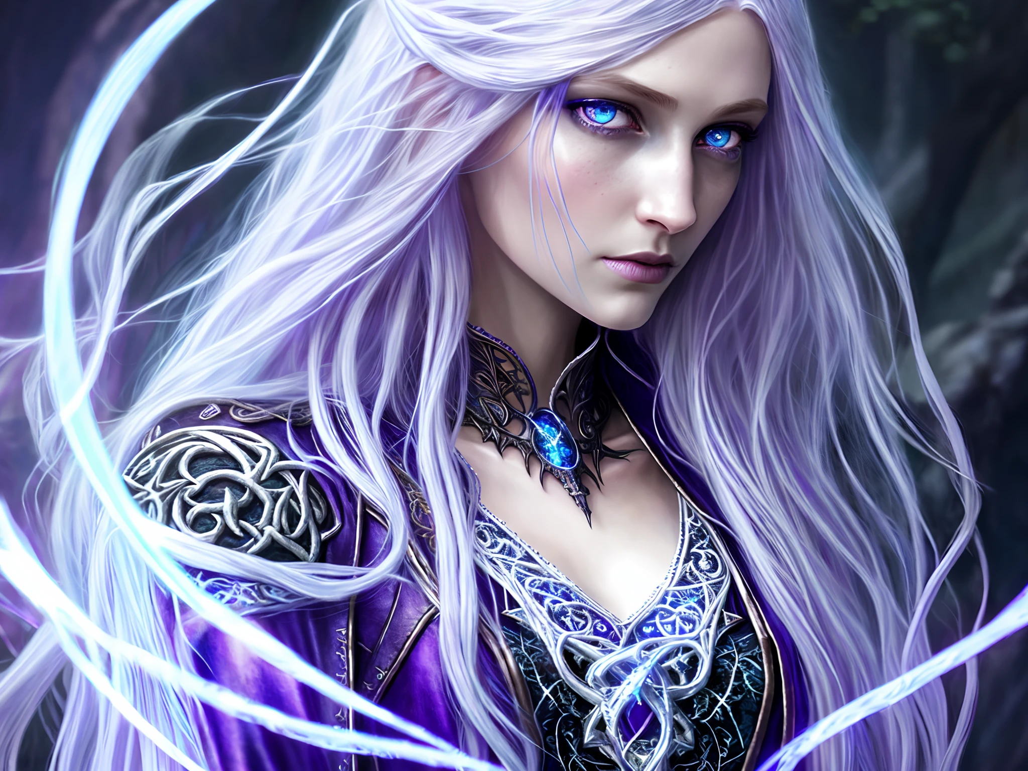 highly detailed, HDR, photorealistic, blue eyes, necromancer sorceress,fantasy magic,long flowy hair, white and purple hair,dark light night,intricate,elegant,sharp focus,illustration,highly detailed,digital painting,concept art,matte,art by wlop and artgerm ,masterpiece, leather and satin clothes
