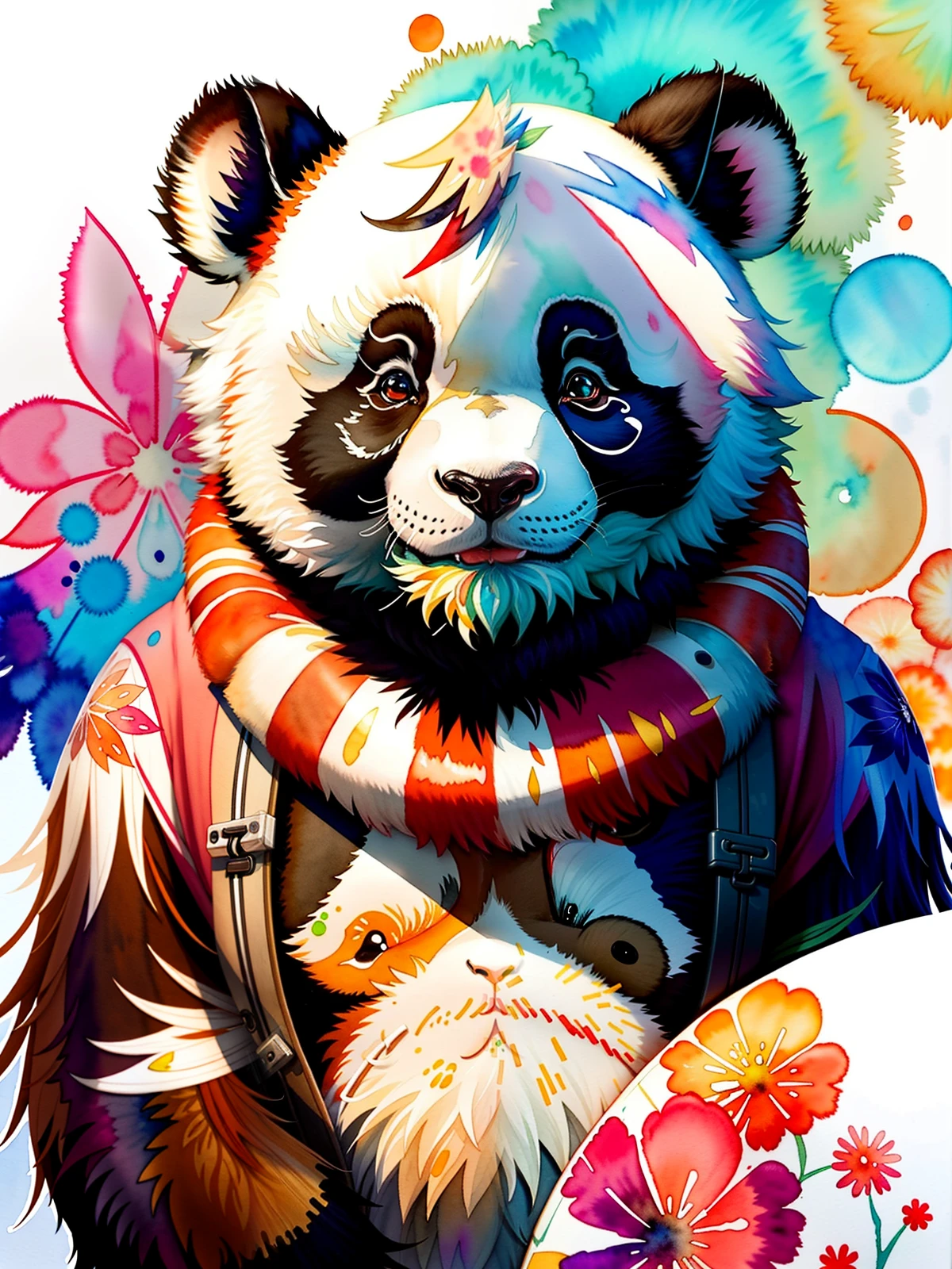 wtrcolor style, digital art of (Panda character), official art, front, smile, masterpiece, beautiful, ((watercolor)), face paint, paint splatter, intricate details. Very detailed, detailed eyes, [dripping:0.5], trending on Artstation, Rachel Walker