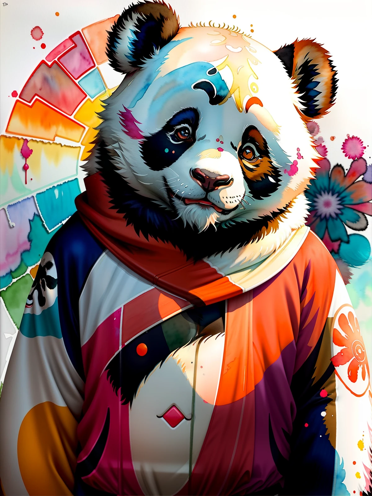 wtrcolor style, digital art of (Panda character), official art, front, smile, masterpiece, beautiful, ((watercolor)), face paint, paint splatter, intricate details. Very detailed, detailed eyes, [dripping:0.5], trending on Artstation, Rachel Walker