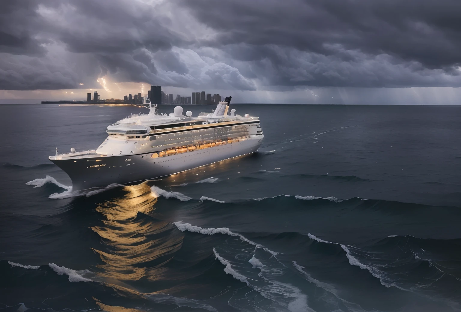 Dramatic lighting, highest quality, film still image, (storm clouds: 0.7), (stormy weather: 0.5), low natural light, (direct light: 0.4), 8mm film grain, using Sony a9 II, 24mm lens, F/2.8 aperture , deep focus, (original), 8k, large cruise ship, luxury cruise ship