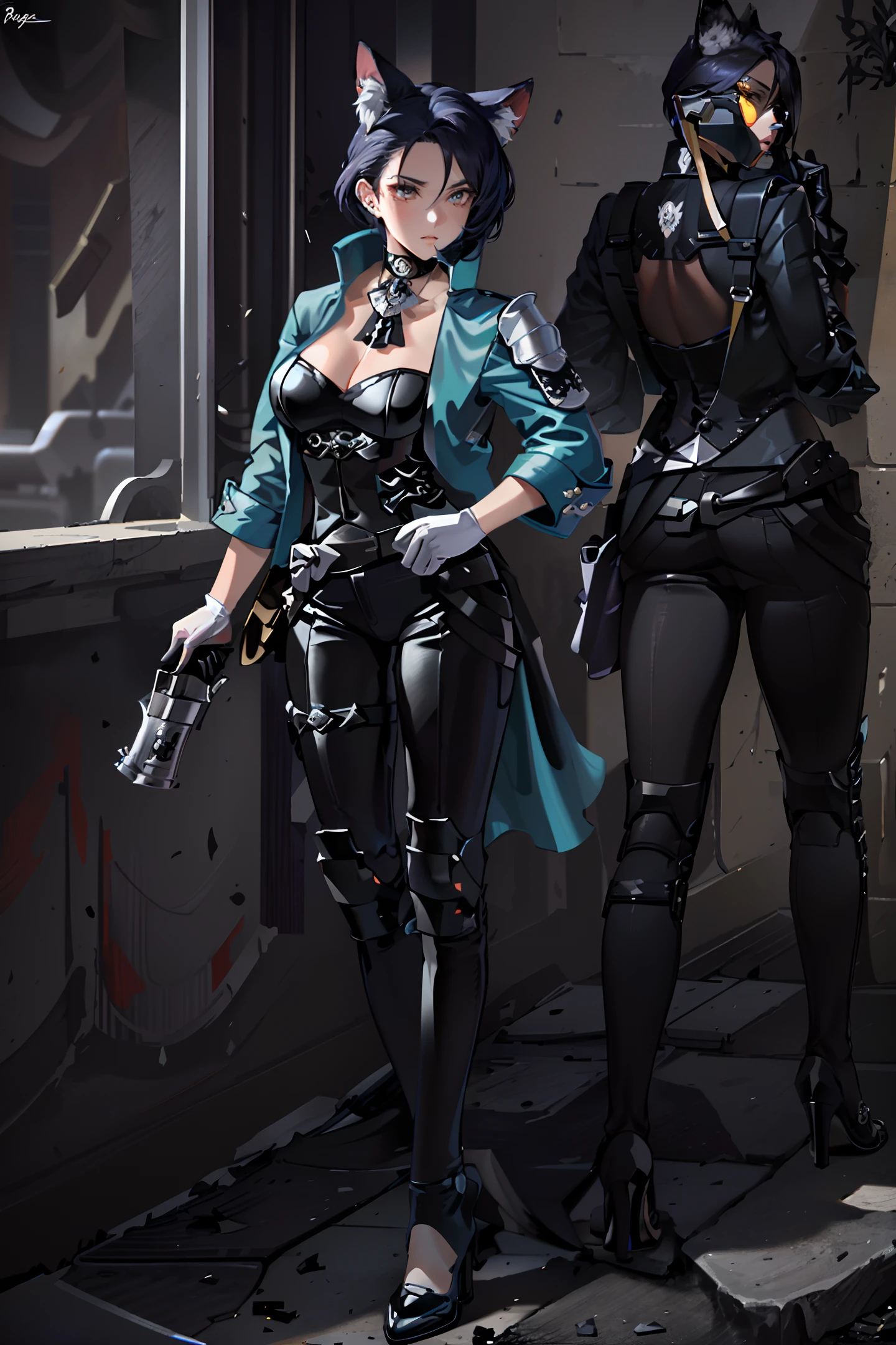 masterpiece, ((ultradetailed)), ((Animal anthropomorphism)), gangster theme, white rabbit, female, cute demeanor, underworld dealings(pistol:1.1),short top,black pants,handsome trench coat, high heeled booties,(abandoned factory), cement ash, brickhighest quality, solo focus, (skimpy:1.04),curvy woman,full body,intricate (high detail:1.1) unrealengine