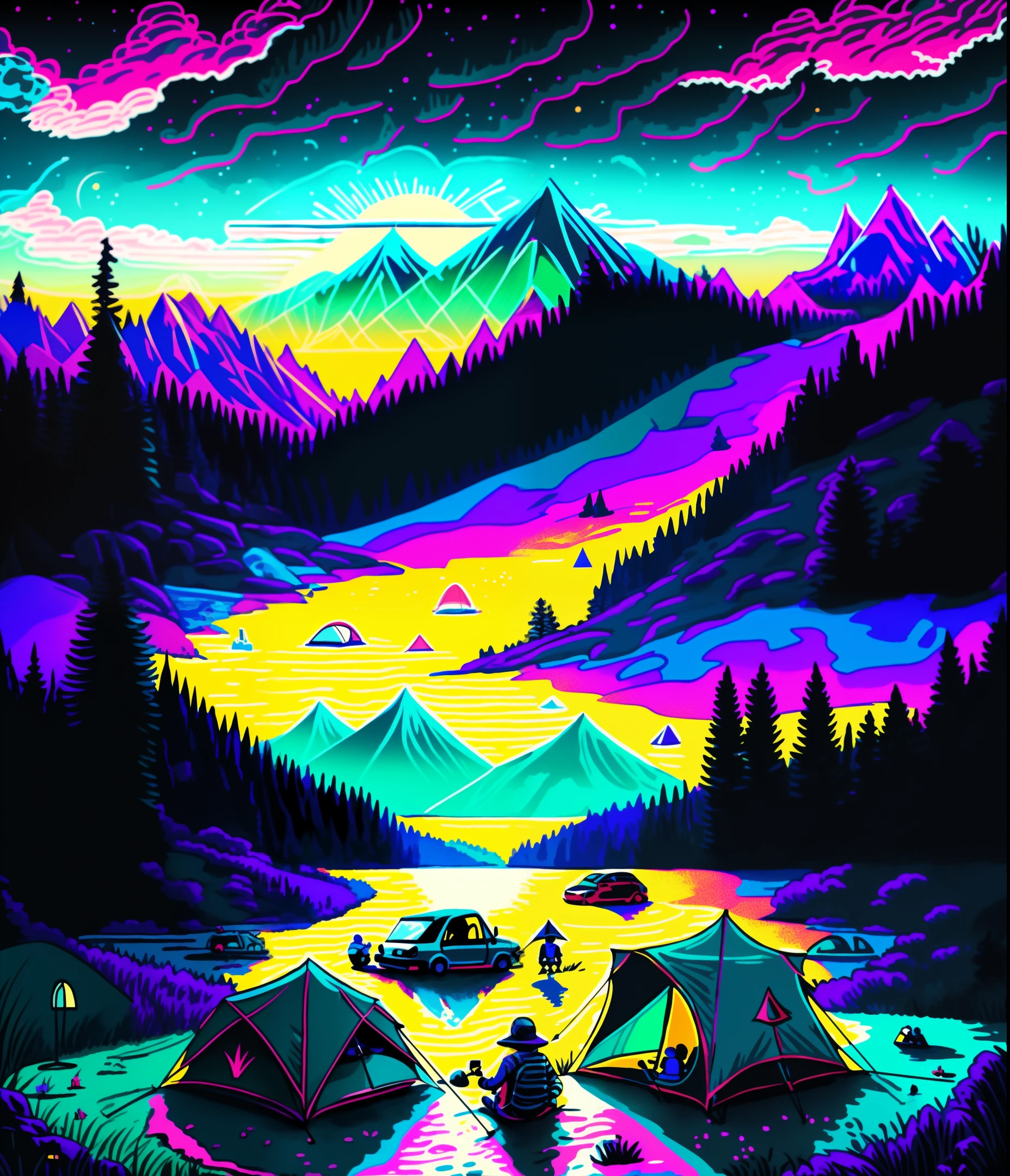 Family camping together with a tent in a large lawn near the lake at night, the car is parked next to it, the boy is fishing by the lake, the girl is having a barbecue by the campfire, colorful, illustration in flat style