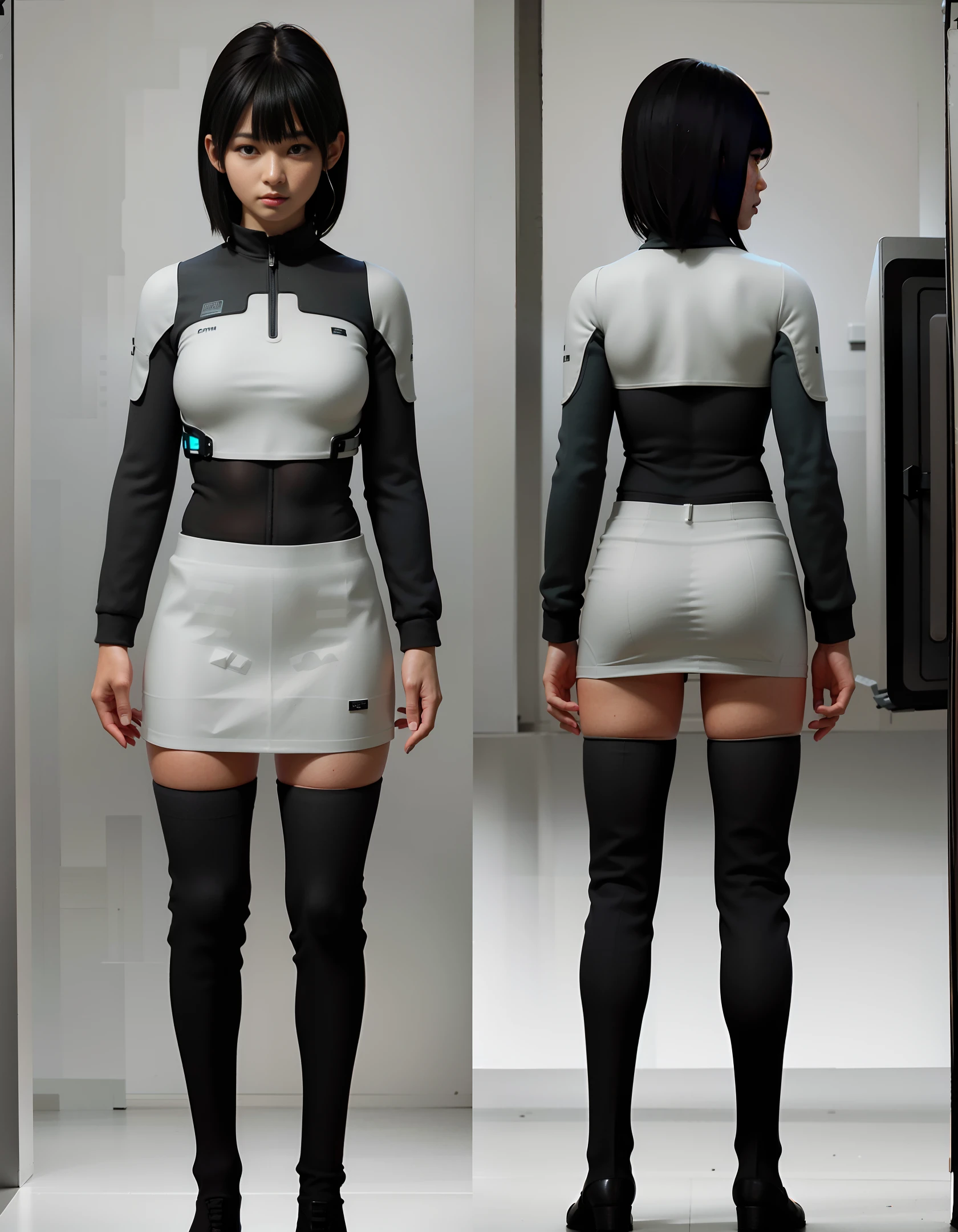 Ultra-realistic and ultra-detailed 8k RAW photos, realistic cyberpunk elements, best image quality, ultra-high resolution, detailed mechanical body, long black hair, white workplace suit skirt, plump figure, enchanting woman