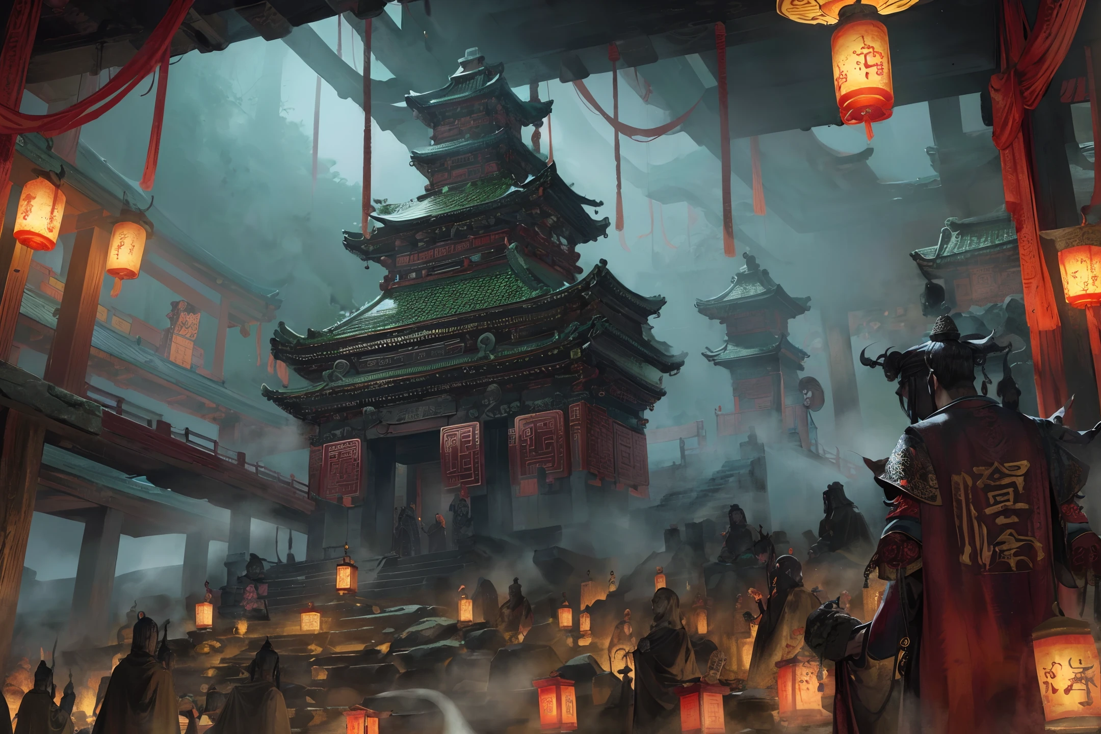 ancient Chinese scenery, temples, (mysterious black fog), journey to the west, ((ghosts)), ((corpses)), ((ancient monsters)), glazed tiles, Buddha statues, lanterns, absurdity, realistic lighting, (abyss) masterpiece, high quality, beautiful graphics, high detail,