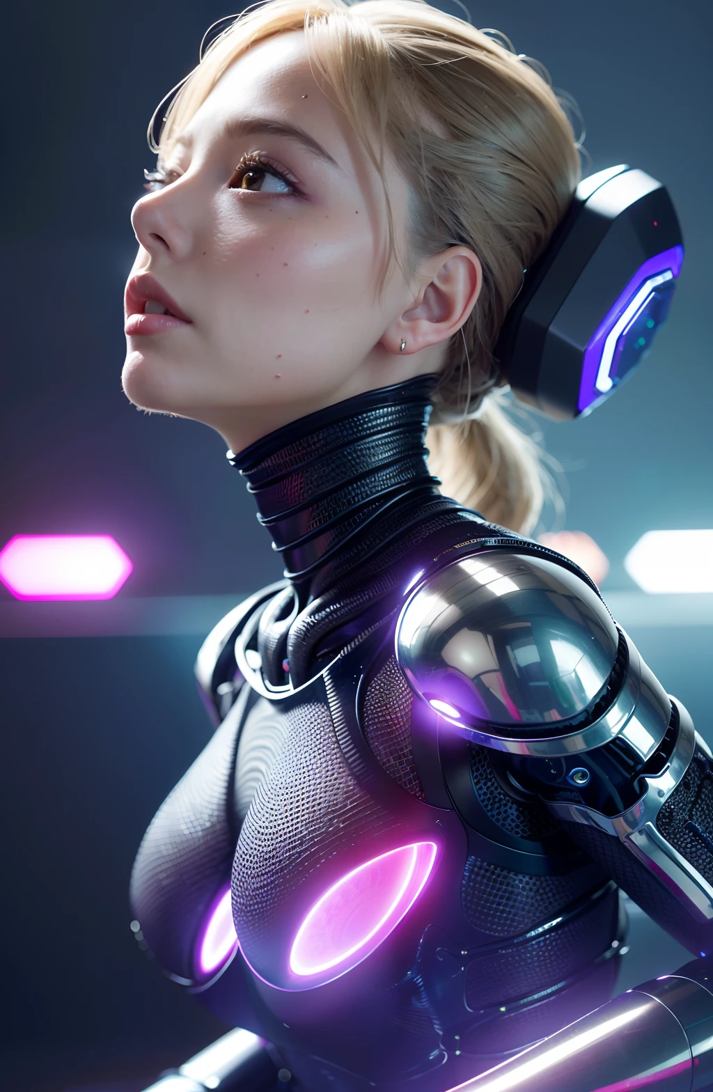 complex 3d render ultra detailed of a beautiful profile woman android face, purple eyes, cyborg, robotic parts, 150 mm, beautiful studio soft light, rim light, vibrant details, luxurious cyberpunk, lace, hyperrealistic, anatomical, facial muscles, cable electric wires, microchip, elegant, beautiful background, octane render, H. R. Giger style, 8k, best quality, masterpiece, illustration, an extremely delicate and beautiful, extremely detailed ,CG , (realistic, photo-realistic:1.37),Amazing, finely detail, masterpiece ,best quality, official art, extremely detailed CG unity 8k wallpaper, absurdness, incredibly absurd, robot, silver helmet, full body, sitting, dream