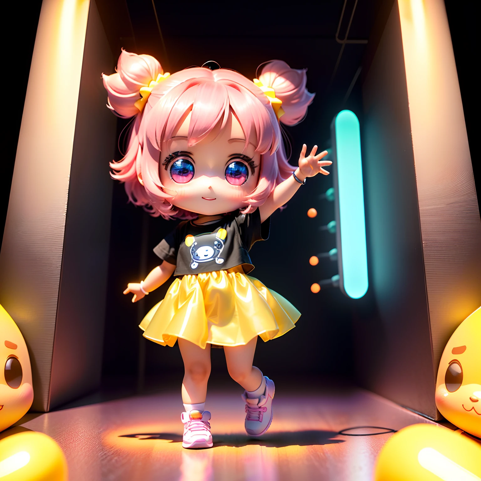 The full body 3d artwork of super cute girl, 1 girl, good-looking eyes, big eyes , cute, happy, c4d,pop Matt Blind Box, , glowing bubbles, toys，solid color background, chibi, fluorescent translucent, glowing body,kawaii, doll, T pose, reference sheet, pop mart blind box, Pixar,complex details, 3d render, blender, OC renderer, foll body reference sheet, dribble, high details, 8k, studio lighting,loli, petite, child, chibi, sd character:1.1