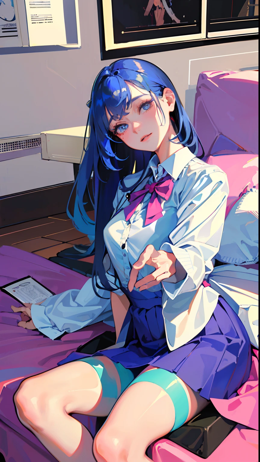(detailed beautiful eyes and detailed face, masterpiece side light, masterpiece, best quality, detailed, high resolution illustration), (1 girl, beautiful girl, shiny skin, looking down, looking at viewer), ( sky blue hair, pink eyes, skirt, ribbon, button-down shirt) 45 degrees, top view