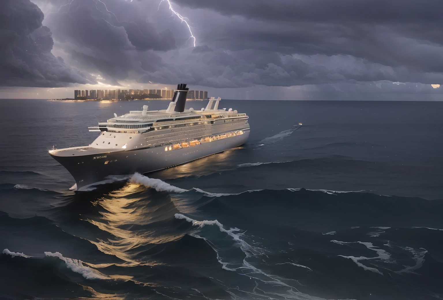 Dramatic lighting, highest quality, film still image, (storm clouds: 0.7), (stormy weather: 0.5), low natural light, (direct light: 0.4), 8mm film grain, using Sony a9 II, 24mm lens, F/2.8 aperture , deep focus, (original image), 8k, large cruise ship, luxury cruise ship
