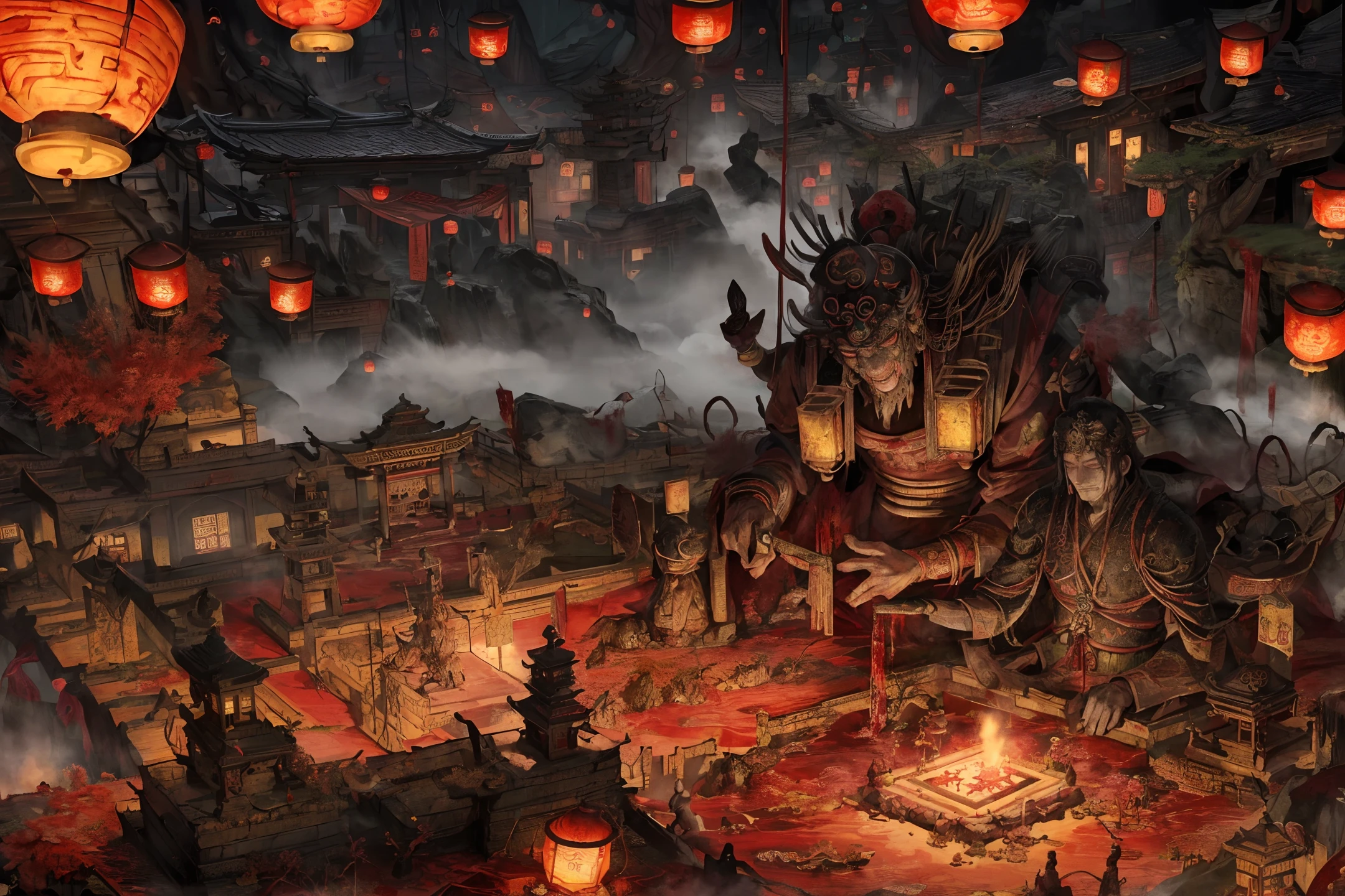 Ancient Chinese scenery, ((Thousand-hand Bodhisattva)), temples, (mysterious black fog), Journey to the West, ((Corpse)), ((Ancient monster)), (Ruined), (Battlefield)), (Blood stains), glazed tiles, Buddha statues, lanterns, absurdity, realistic lighting, (abyss) masterpiece, high quality, beautiful graphics, high detail,