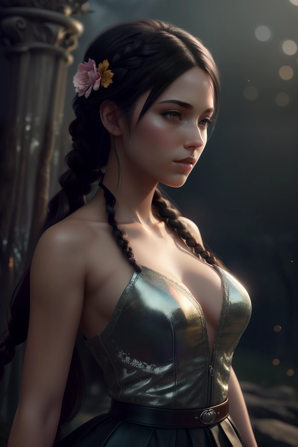 (super detailed), high resolution 8k wallpaper, best quality, 80mm lens, a beautiful young Canadian woman, black hair, two braids, (highly detailed hair: 1.4), smoke, fog, (dark forest: 1.1), bokeh, faded, neutral colors, (hdr: 1.5), ((pastel colors)), colorful dresses, short skirts, fantasy style, complex scenes, artstation, super detailed, cinematic shots, dramatic Lighting, Intricate Detail, [Vignette], Intricate Background, ((((Movie Look)))), Soothing Tones, Intricate Detail, Ultra Detail, Low Contrast, Stone Gray Mood, (Wide Angle), Realistic, Sharp focus, beautiful lips