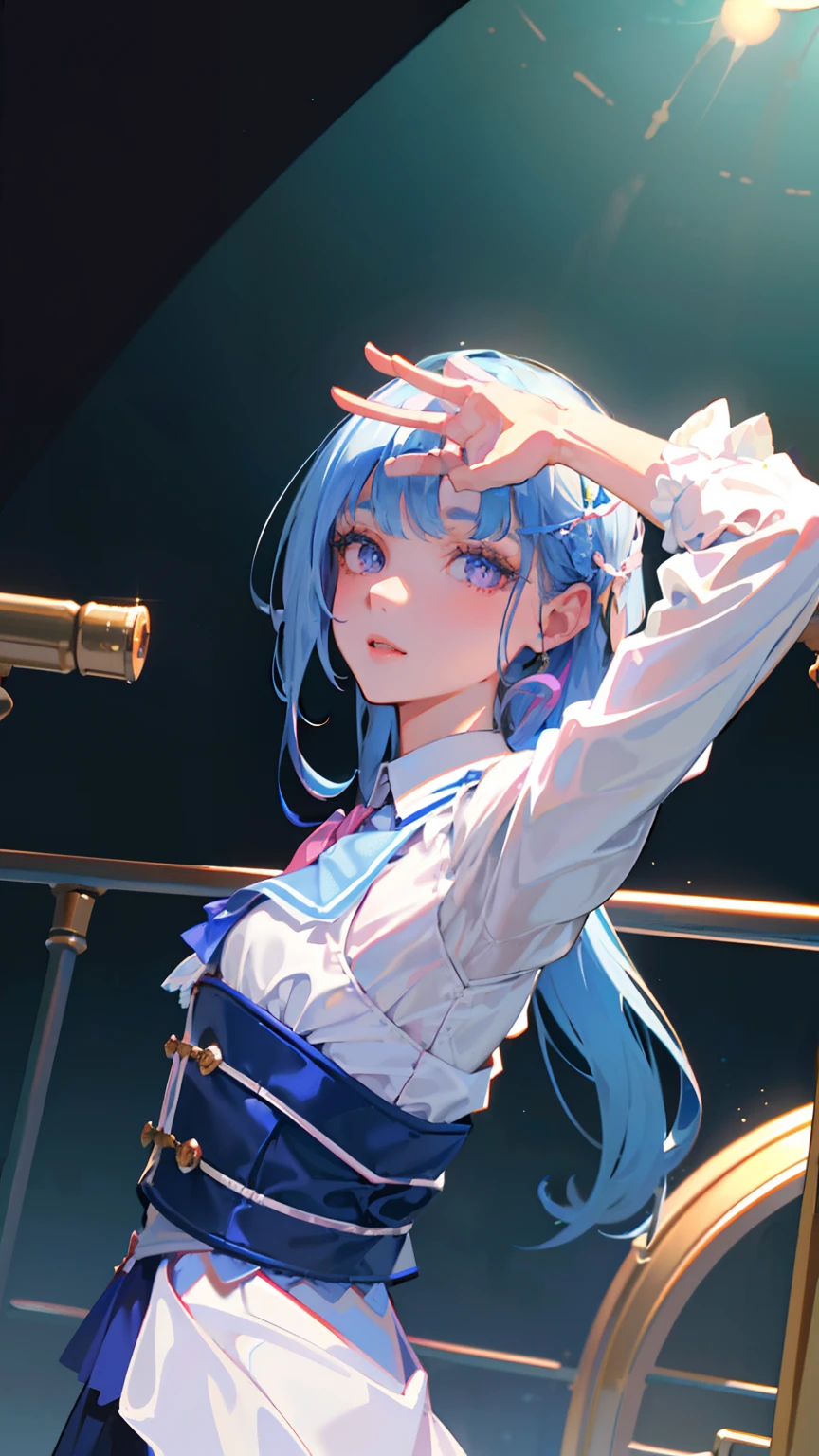 (detailed beautiful eyes and detailed face, masterpiece side light, masterpiece, best quality, detailed, high resolution illustration), (1 girl, beautiful girl, shiny skin, looking down, looking at viewer), (sky blue colored long hair, pink eyes, skirt, ribbon, button-down shirt)45 degrees, top view,Raise your hand sideways and touch your head,detailed hands
