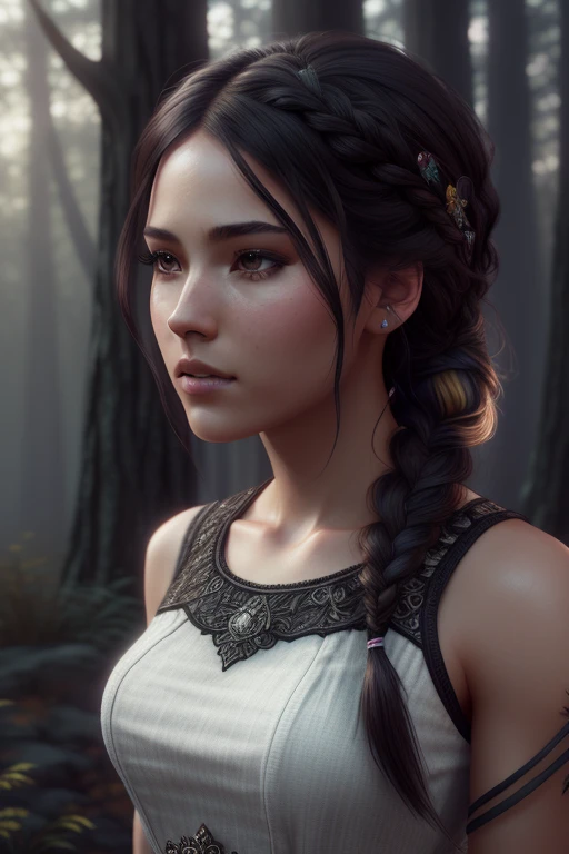 (super detailed), high resolution 8k wallpaper, best quality, full body, a beautiful young canadian woman, black hair, two braids, (highly detailed hair: 1.4), smoke, fog, (dark forest: 1.1 ), bokeh, faded, neutral colors, (hdr: 1.5), ((pastel colors)), colorful dresses, floral decorations, skirts, fantasy style, intricate scene, artstation, super detailed, dramatic lighting, Intricate Detail, [Vignette], Intricate Background, ( (((Movie Look)))), Soothing Tones, Intricate Detail, Ultra Detail, Stone Gray Mood, (Wide Angle), Realistic, Sharp focus, beautiful lips