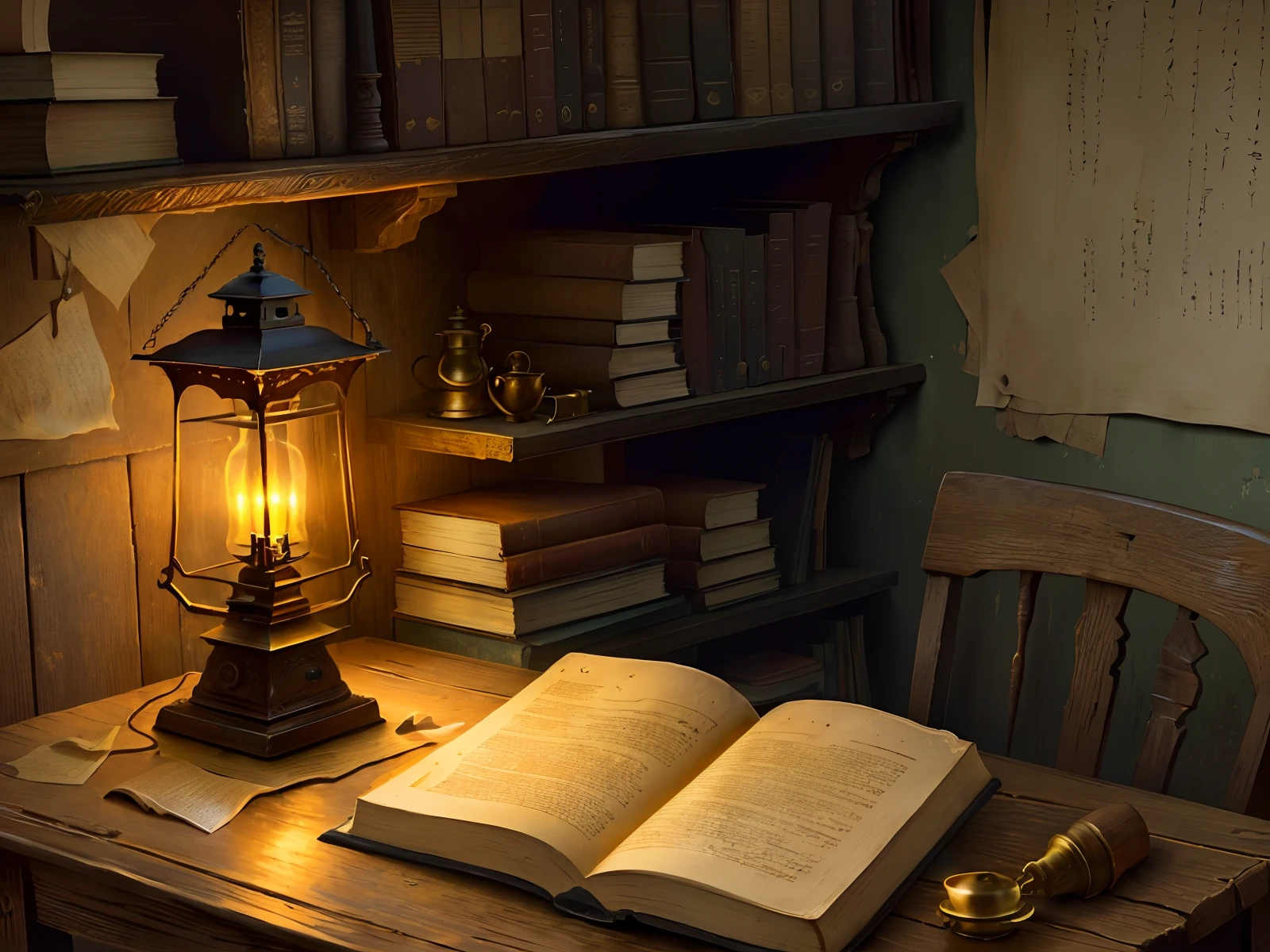 On a large dilapidated table top lay a book and an oil lamp, the only source of light