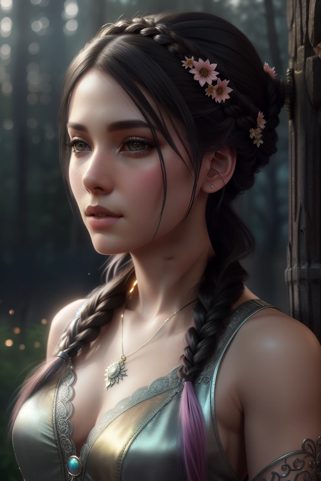 (super detailed), high resolution 8k wallpaper, best quality, full body, a beautiful young canadian woman, black hair, two braids, (highly detailed hair: 1.4), smoke, fog, (dark forest: 1.1 ), bokeh, faded, neutral colors, (hdr: 1.5), ((pastel colors)), colorful dresses, floral decorations, skirts, fantasy style, intricate scene, artstation, super detailed, dramatic lighting, Intricate Detail, [Vignette], Intricate Background, ( (((Movie Look)))), Soothing Tones, Intricate Detail, Ultra Detail, Stone Gray Mood, (Wide Angle), Realistic, Sharp focus, beautiful lips