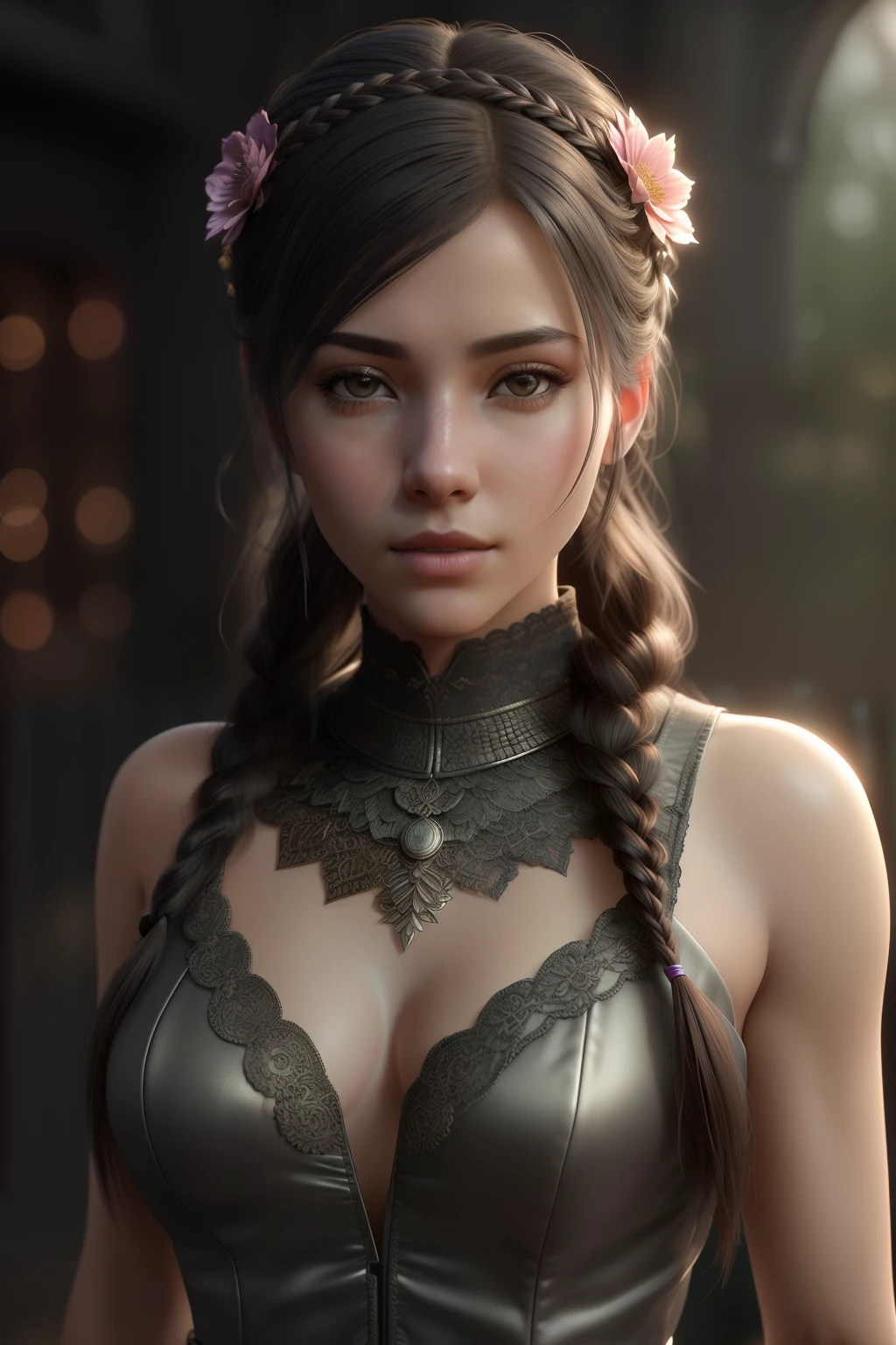 (super detailed), high resolution 8k wallpaper, best quality, full body, a beautiful young canadian woman, black hair, two braids, (highly detailed hair: 1.4), smoke, fog, (dark forest: 1.1 ), bokeh, faded, neutral colors, (hdr: 1.5), ((pastel colors)), colorful dresses, floral decorations, skirts, fantasy style, intricate scene, artstation, super detailed, dramatic lighting, Intricate Detail, [Vignette], Intricate Background, ( (((Movie Look)))), Soothing Tones, Intricate Detail, Ultra Detail, Stone Gray Mood, (Wide Angle), Realistic, Sharp focus, beautiful lips