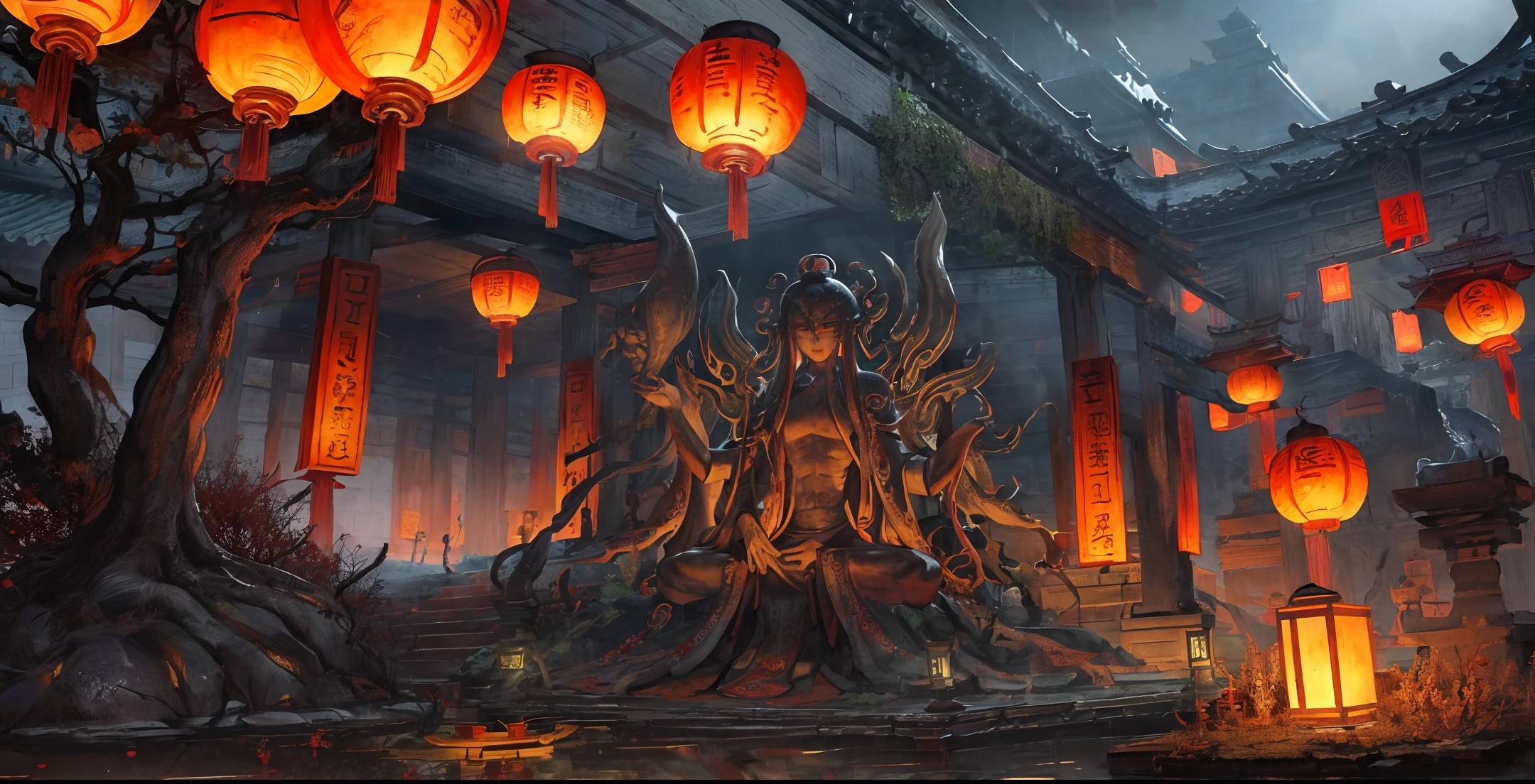 ancient Chinese scenery, temples, (mysterious black fog), journey to the west((thousand hands behind a avalokitesvara)), ((ghosts)), ((corpses)), ((ancient monsters)), glazed tiles, Buddha statues, lanterns, absurdity, realistic lighting, (abyss) masterpiece, high quality, beautiful graphics, high detail