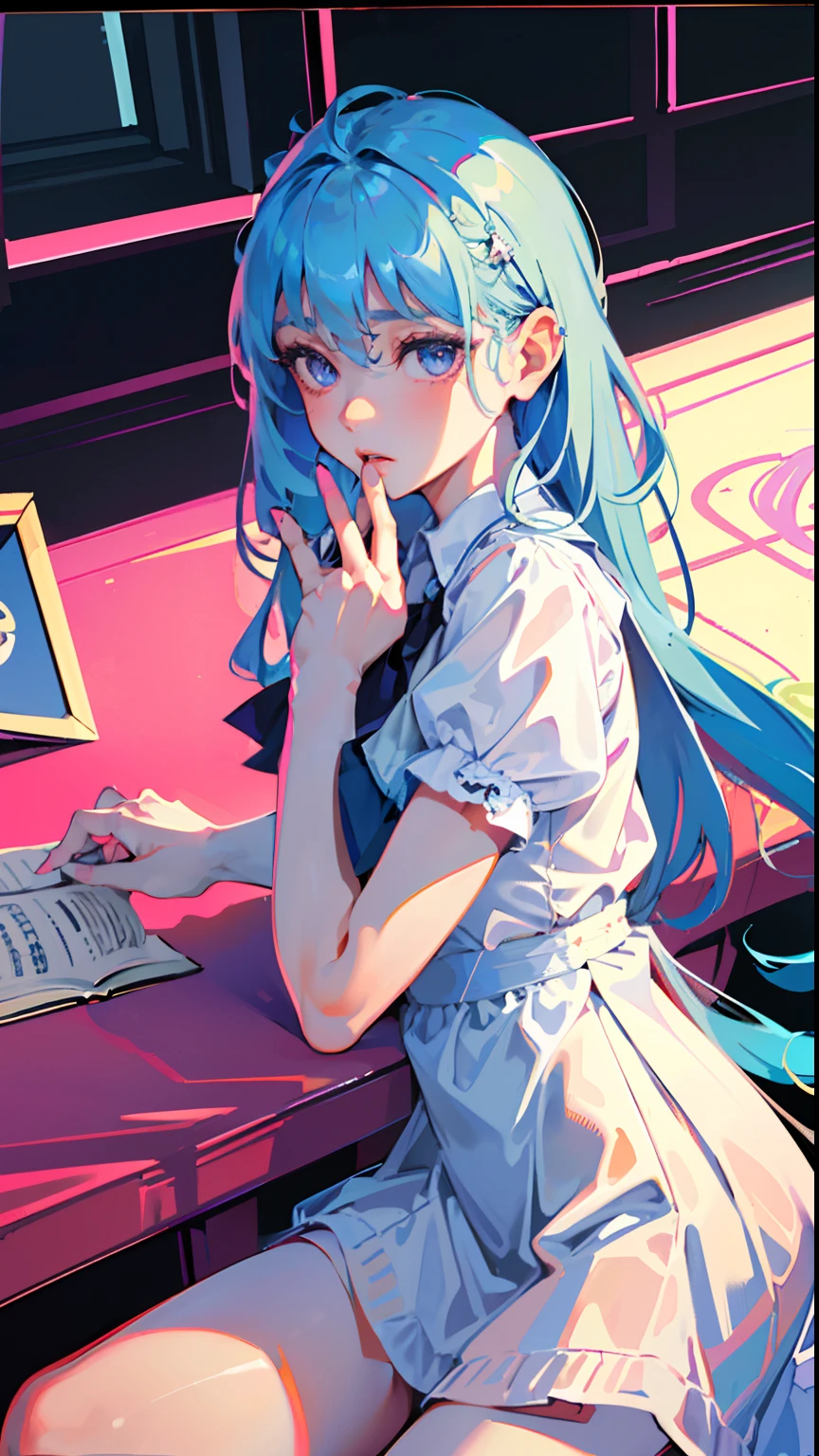 (detailed beautiful eyes and detailed face, masterpiece side light, masterpiece, best quality, detailed, high resolution illustration), (1 girl, beautiful girl, shiny skin, looking down, looking at viewer), ( Sky blue hair, pink eyes, skirt, ribbon, button-down shirt) (sideways, hand over mouth, surprised expression) (45-degree downward view)