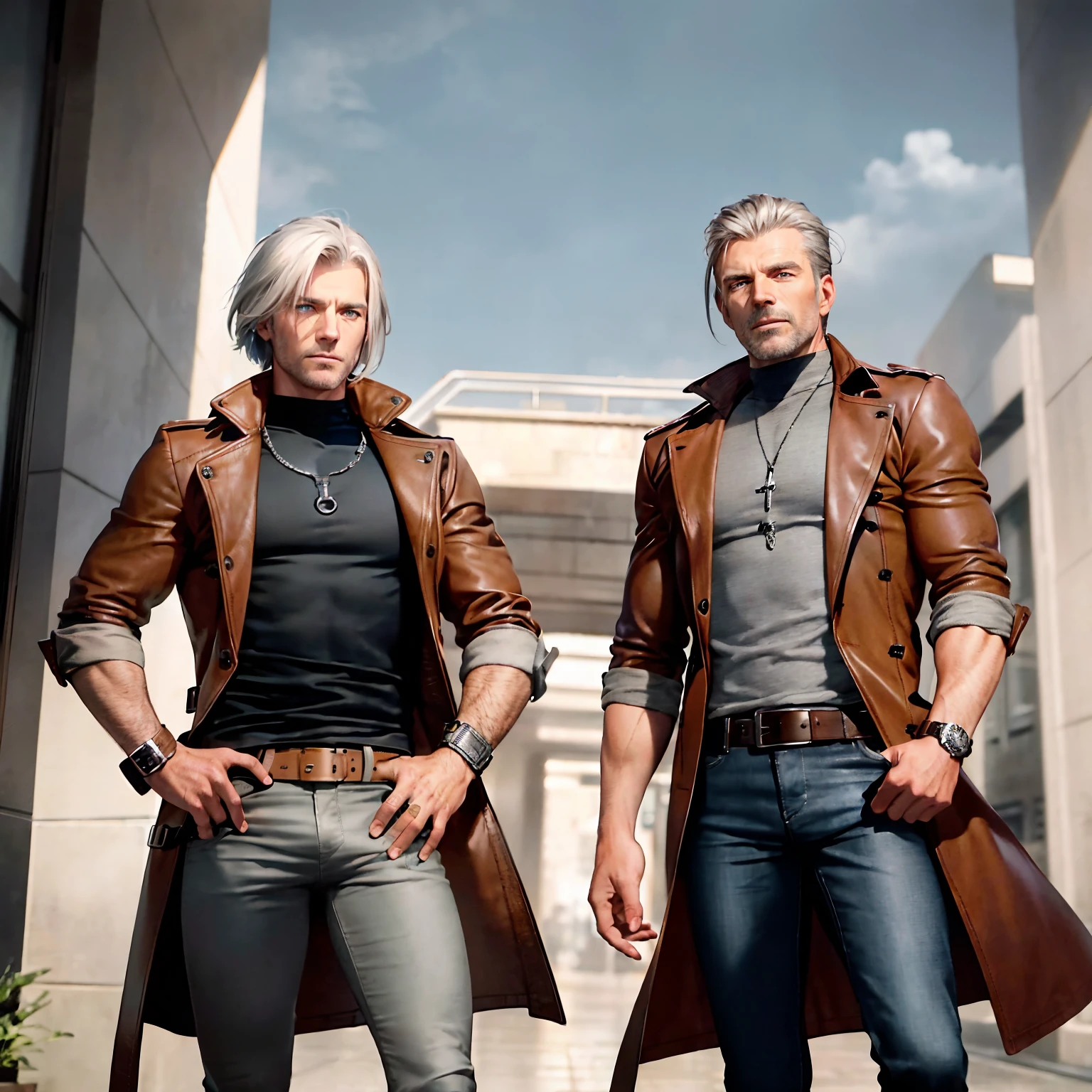 mature muscular male, wearing brown leather trench coat, wearing grey jeans, wearing brown combat boots, blue eyes, short swept-back silver hair, weilding longsword, dynamic pose, 8k, Unreal engine, highly detailed, photorealistic