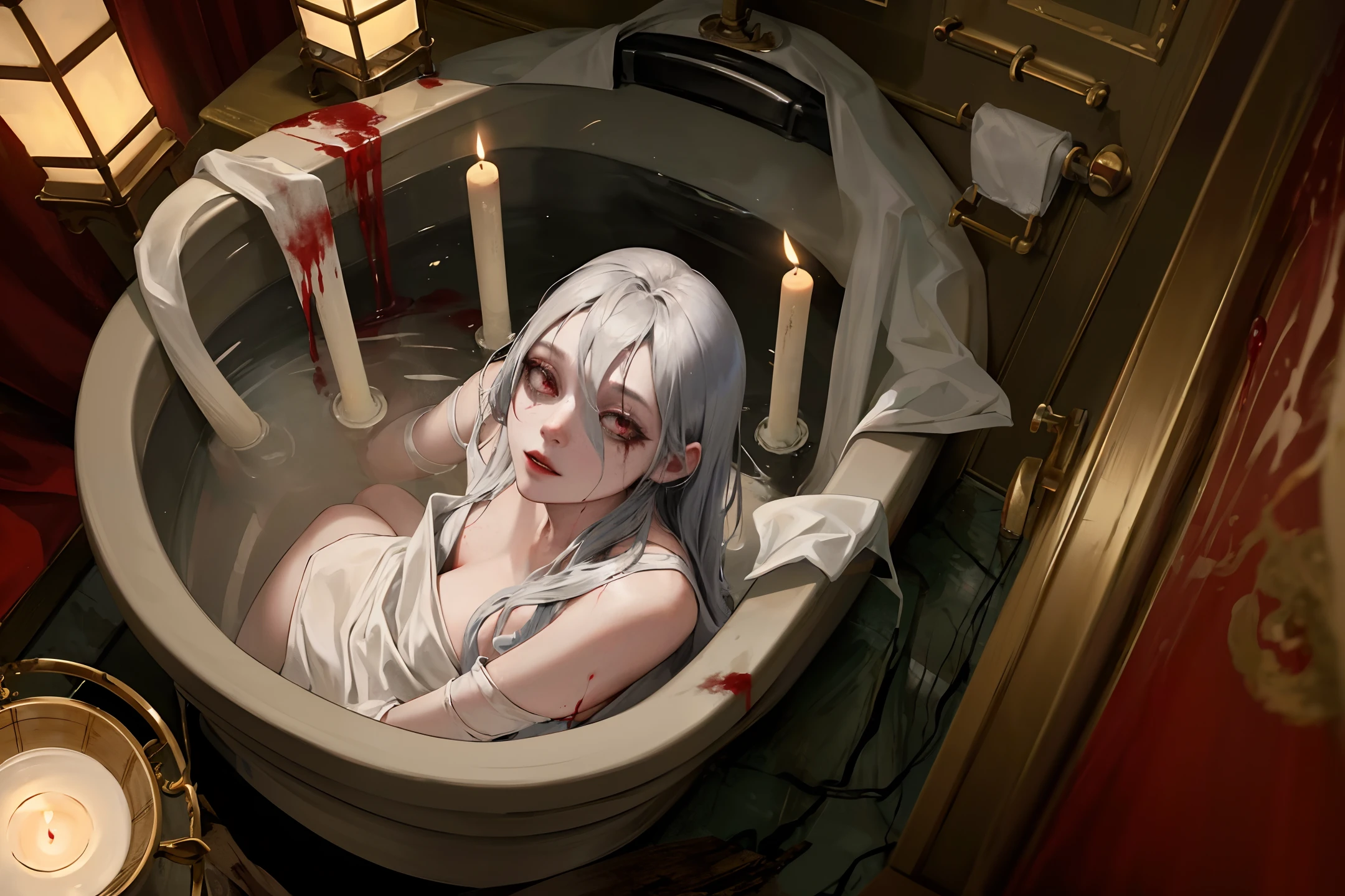 Ancient Chinese scene,(dirty toilet),ghost,(scary),actress,(corpse),(strange),(dilapidated),(blood),glass mirror,candle,lantern,absurd,realistic lighting,(the abyss), Masterpiece, best quality, ultra detailed graphics, high details.