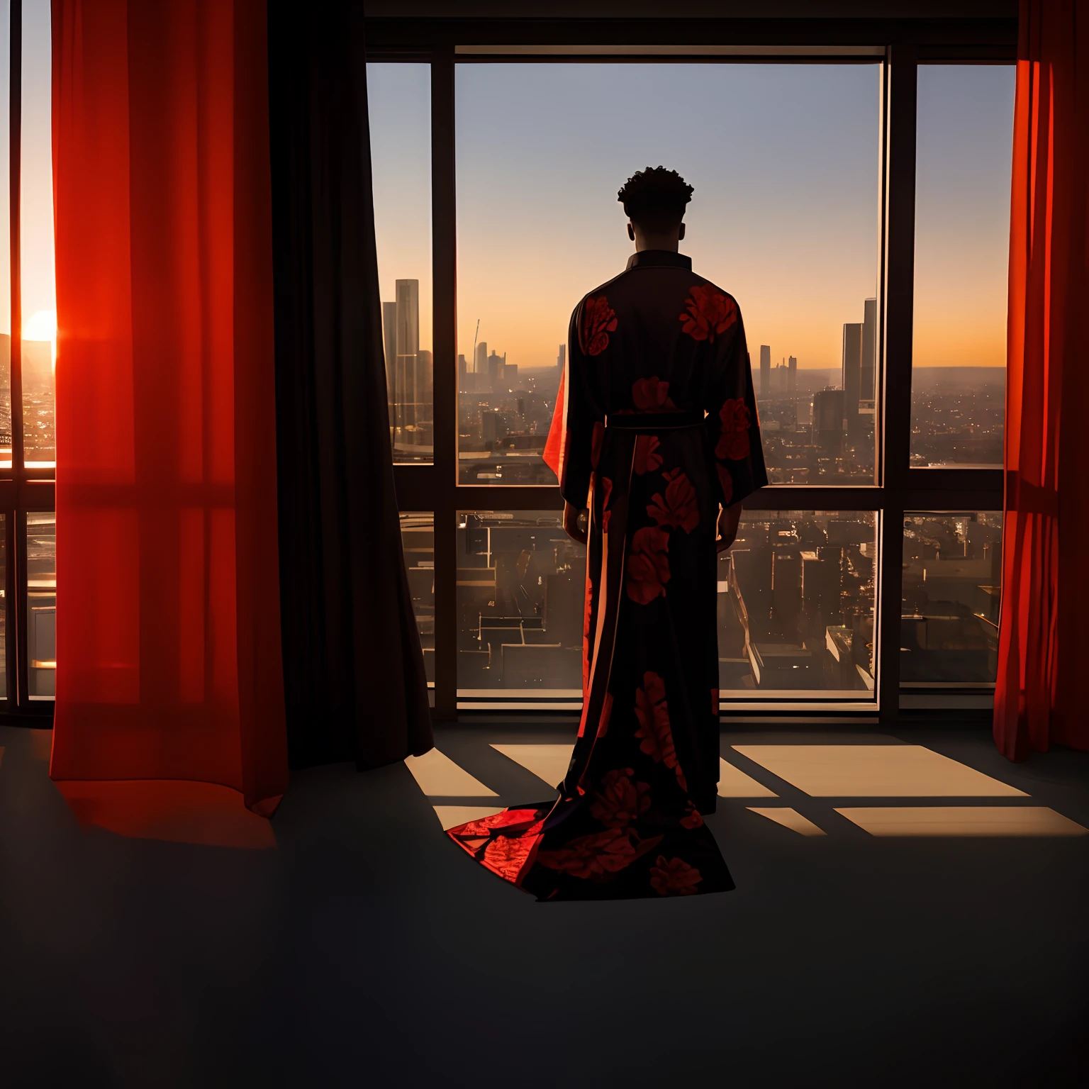 Dawn, In a dark modern furnished penthouse apartment, view from behind of adult african male, wearing black and red floral silk robe, viewed from behind looking through floor to ceiling windows, watching the sunrise over the city, dim light, focus is on shadows cast by modern furnishings, wide angle, back-lit, 8k, Unreal engine, highly detailed, photorealistic
