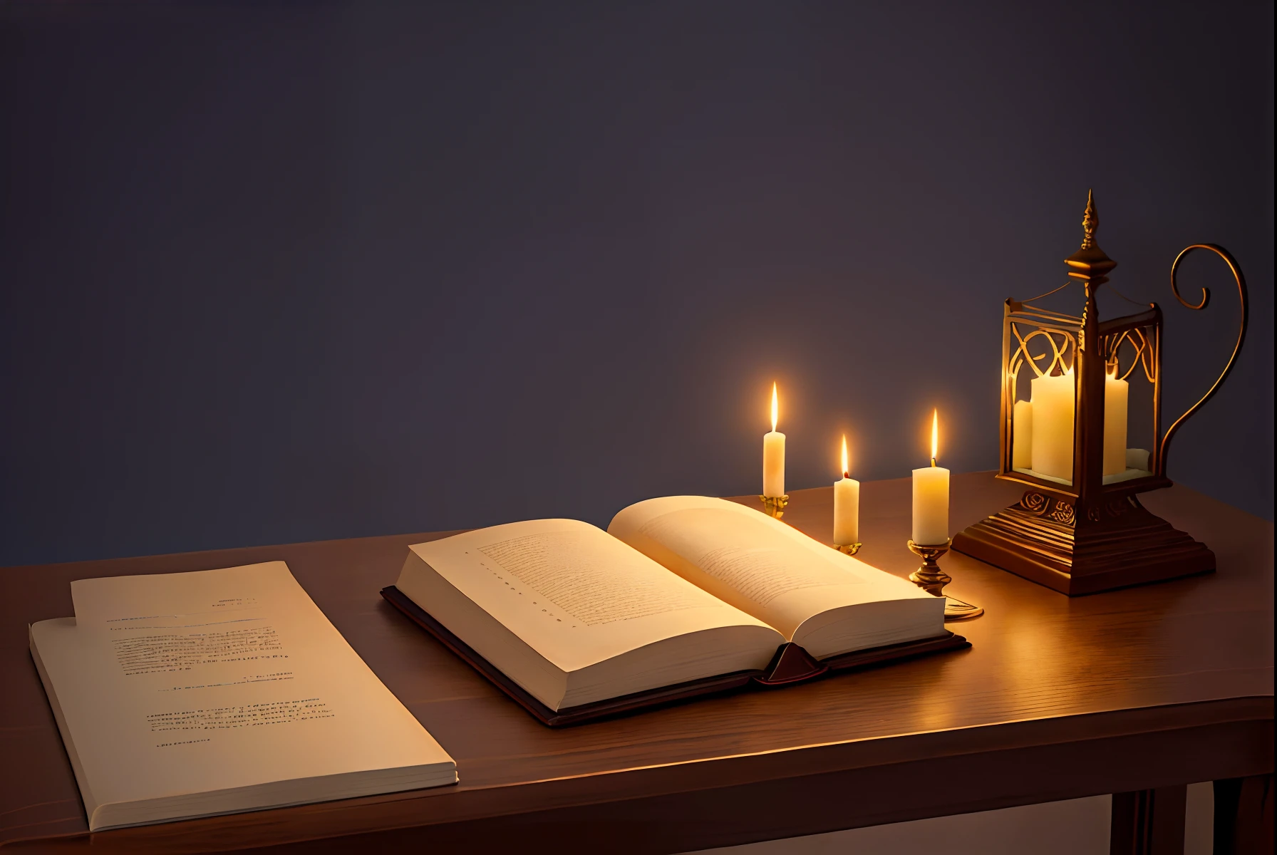 A book lies on the table, the pages are turned by the wind, the night is mysterious, flickering candles
