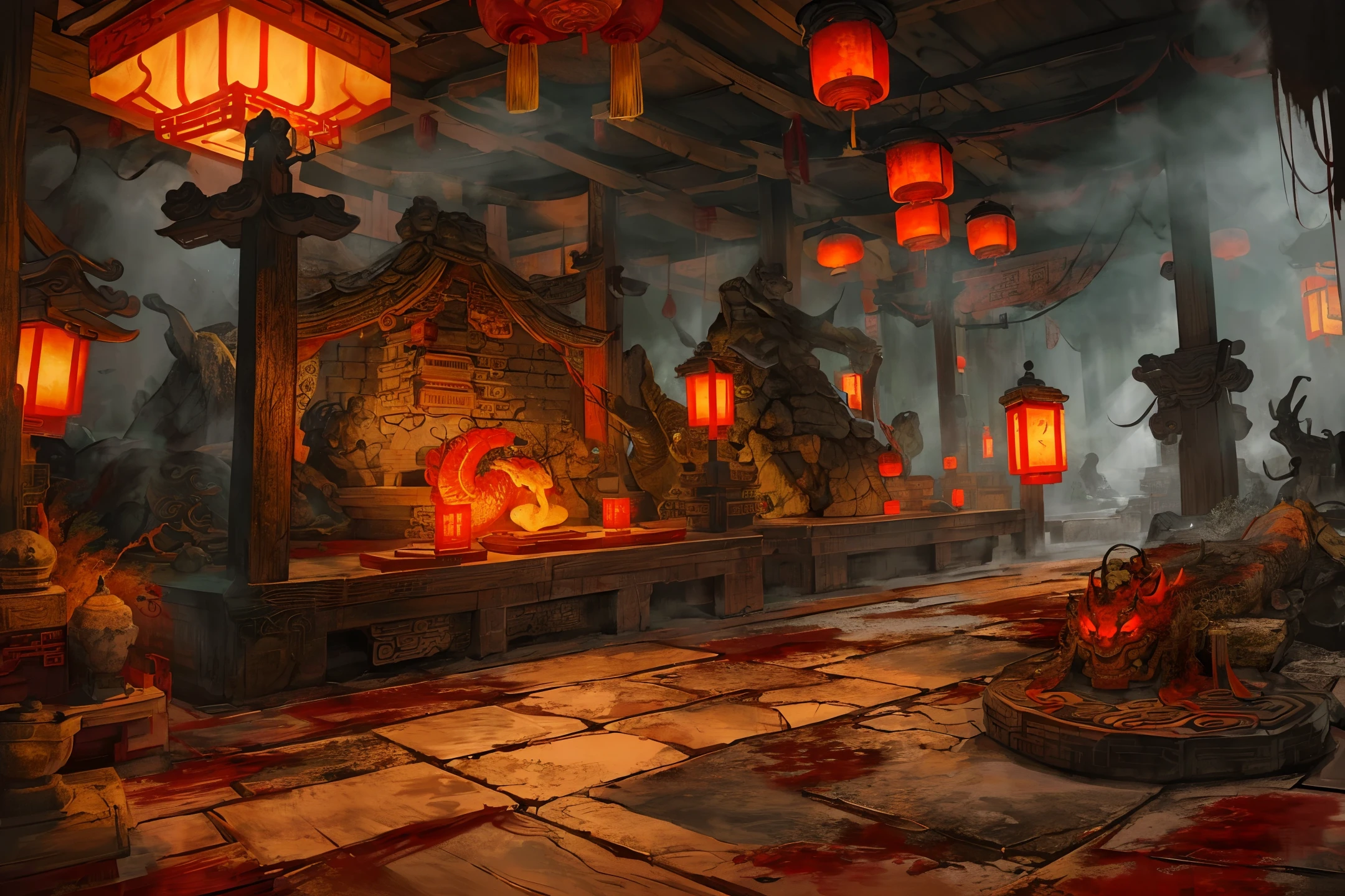 ancient Chinese scenery, ((Chinese dragon)), temples, (mysterious black fog), journey to the west, ((corpse)), (dilapidated), (battlefield)), (blood stain), glazed tiles, Buddha statues, lanterns, absurdity, realistic lighting, (abyss) masterpiece, high quality, beautiful graphics, high detail,