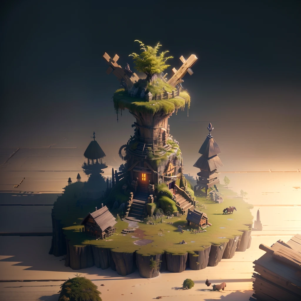 Masterpiece, Best Quality, (Very Detailed CG Unity 8k Wallpaper), (Best Quality), (Best Illustration), (Best Shadow), Primitive Age, Barbaric Age, Round Mossy Platform, Horn, Animal skeletons, isometric 3D, octane rendering, ray tracing, ultra detailed