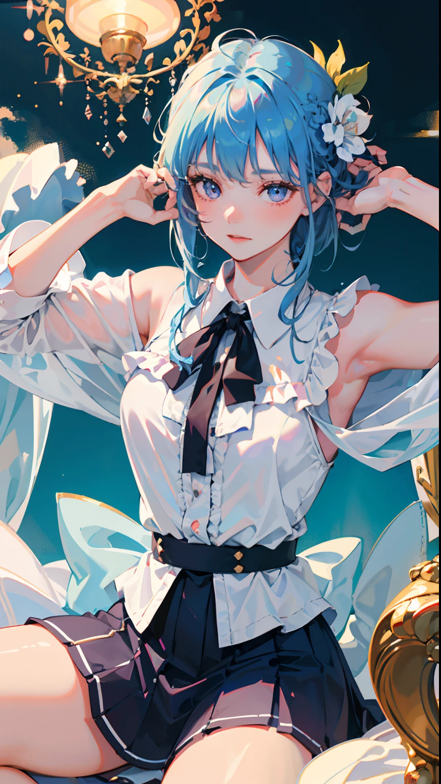 (detailed beautiful eyes and detailed face, masterpiece side light, masterpiece, best quality, detailed, high resolution illustration), (1 girl, beautiful girl, shiny skin, looking down, looking at viewer), ( Sky blue hair, pink eyes, skirt, ribbon, button-down shirt) (sideways, A person raises his hands and touches the back of his head with both hands, charming expression) (45-degree downward view)