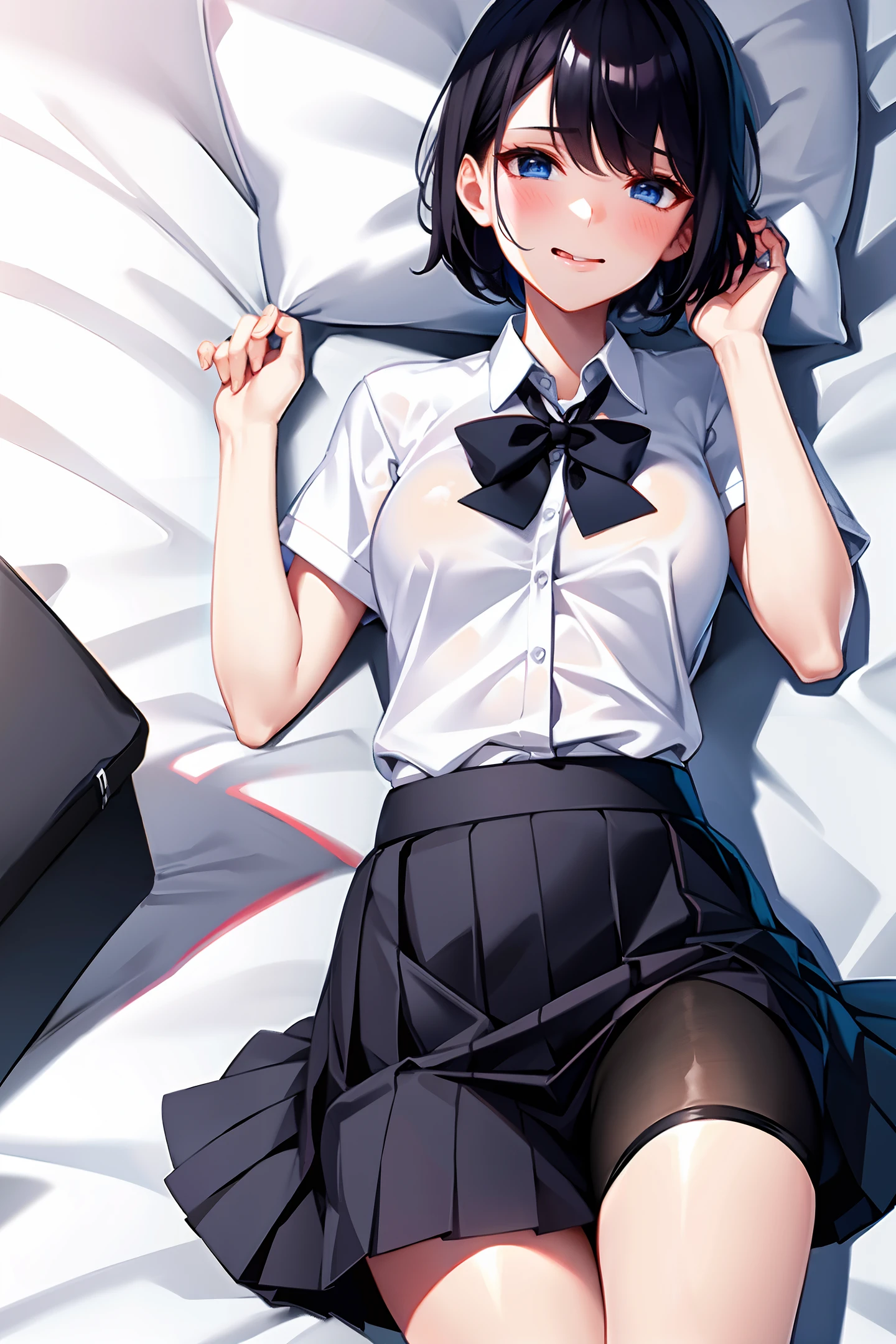 White high school uniform shirt, blue bow tie, short hair, water hyacinth, black pleated skirt, black stockings, lying on the bed, sticking out tongue, shy