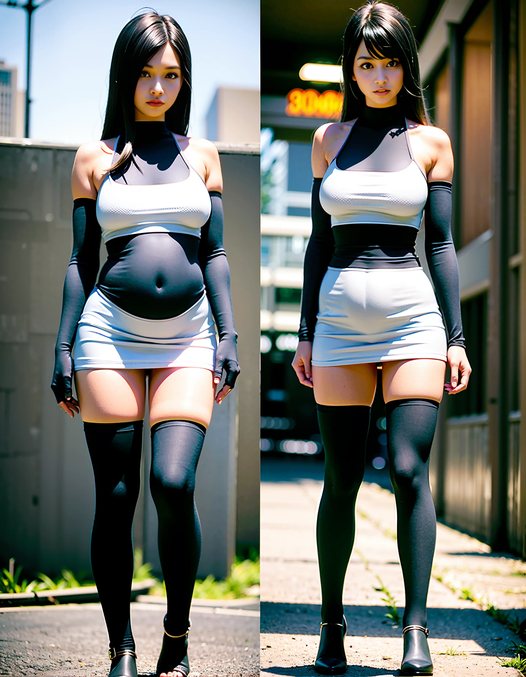 Ultra-realistic and ultra-detailed 8k RAW photos, realistic cyberpunk elements, best image quality, ultra-high resolution, detailed mechanical body, long black hair, white workplace suit skirt, plump figure, charming woman, slender thighs, pregnant woman , bare feet, no shoes, bare legs
