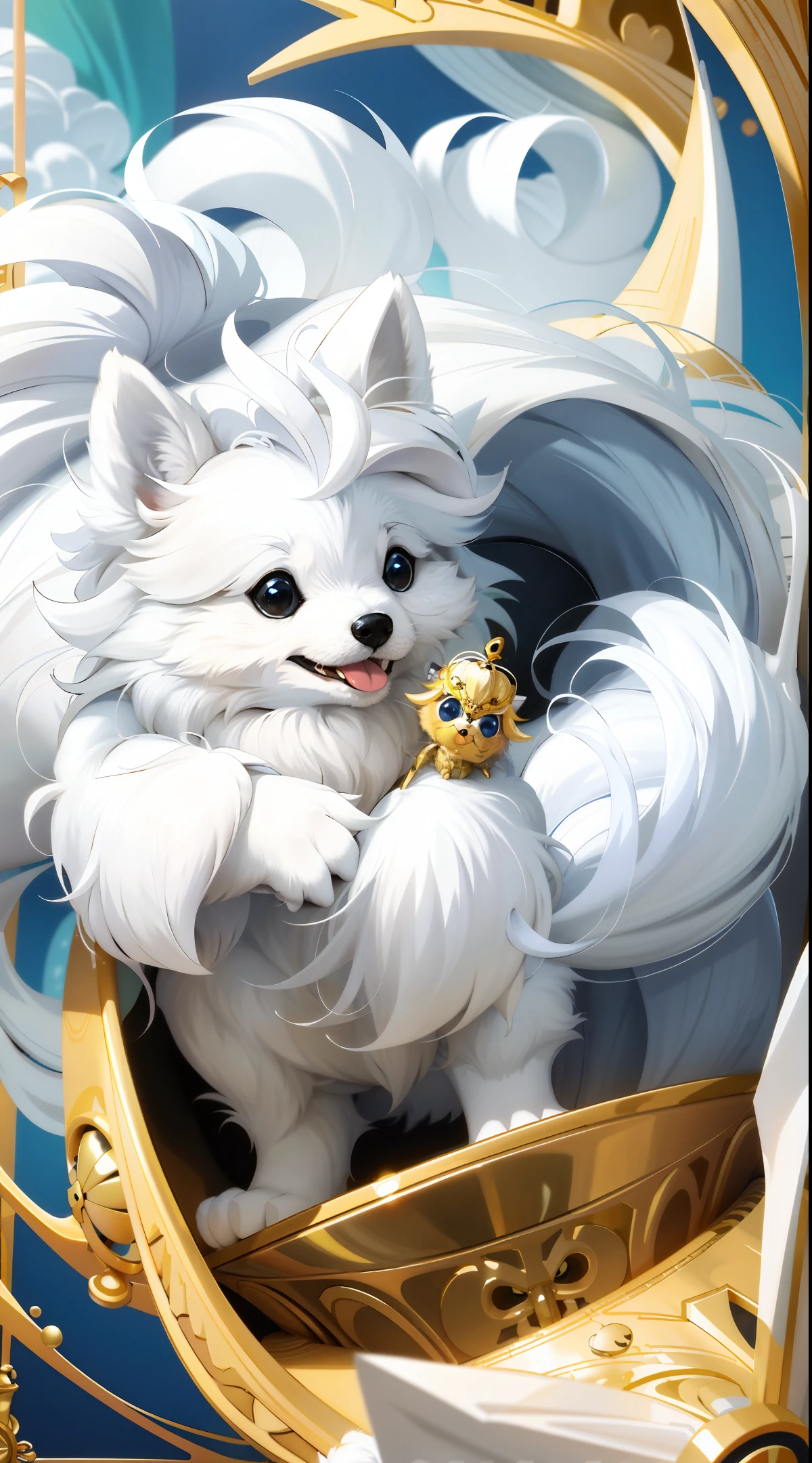 (Cartoon Style, Masterpiece, Cute Look, Imaginative Genius, White Fluffy Fur, Magical Elements) With an incomparably cute Pomeranian,