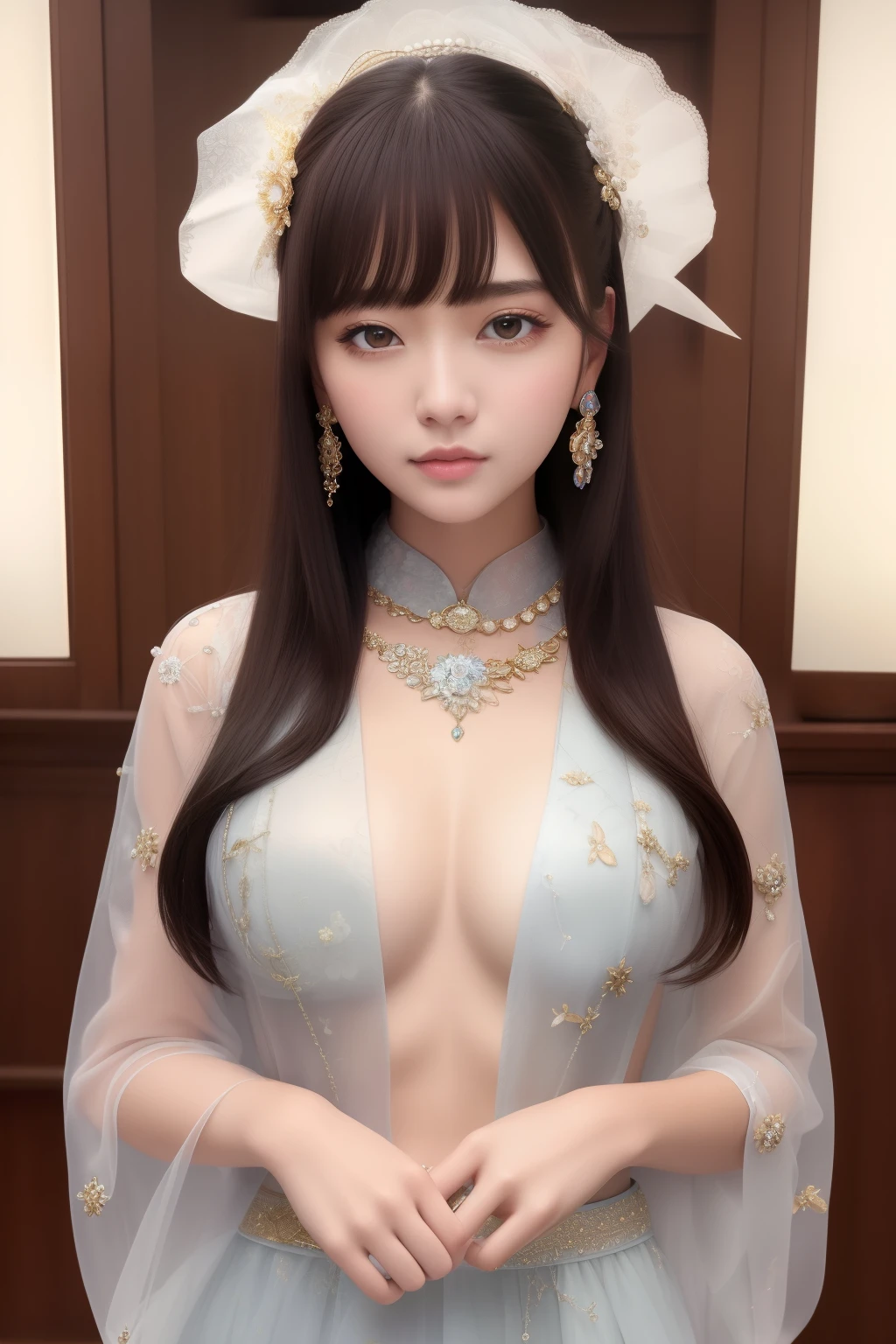 (best quality),((masterpiece)),(highres),(highres),(extremely detailed 8K wallpaper),overexposed,1girl,(medium chest),(extremely exquisite and beautiful),(beautiful and detailed eye description), (beautiful and detailed facial features), (single person), (upper body), arms, rain skirt, hair accessories, necklaces, jewelry, earrings, chinoiserie architecture, wavy hair, messy hair, swept bangs, masterpiece, Exquisite, transparent down jacket,kawaii face,anime,(harem outfit),full body,;d,