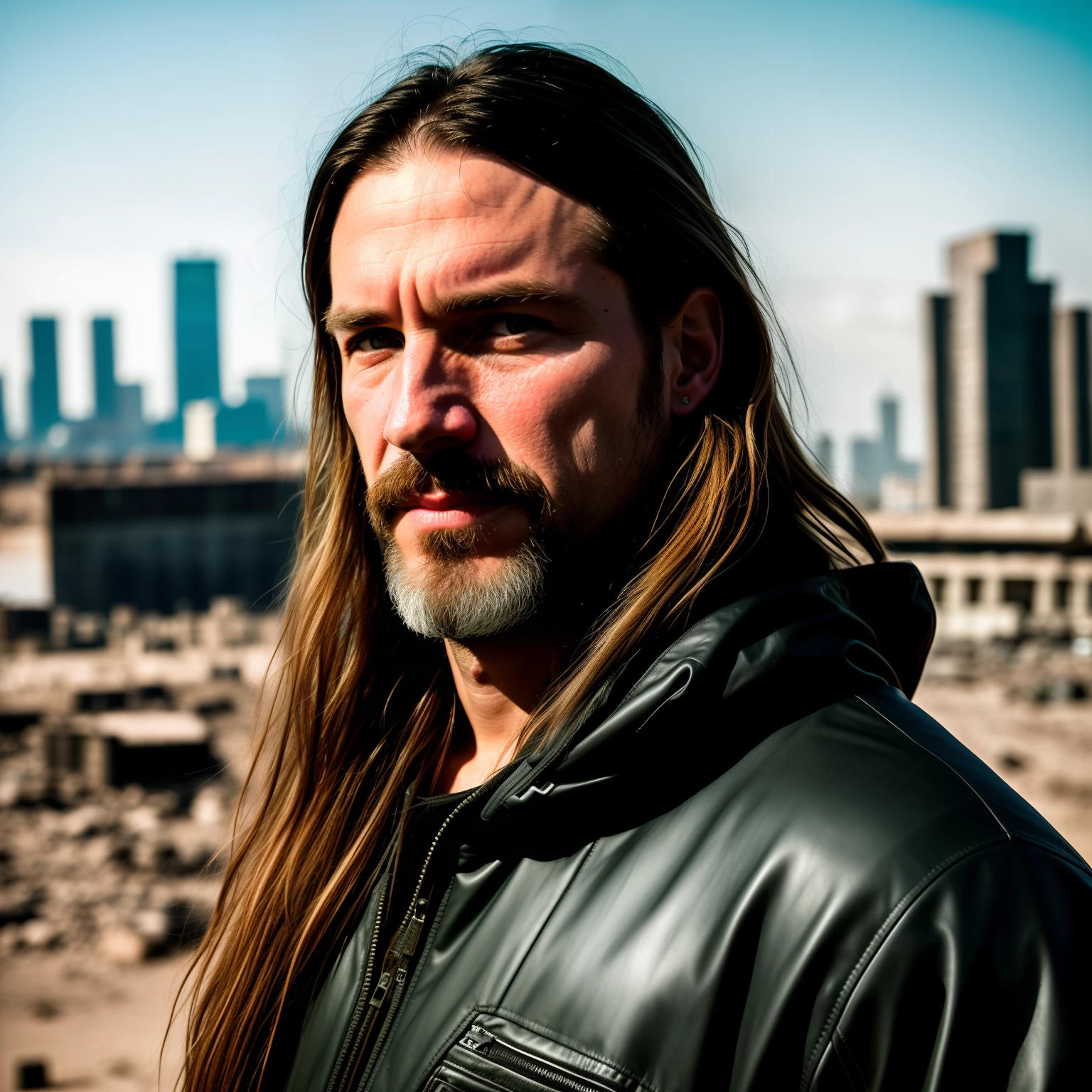 RAW photo, closeup portrait photo of a brutal 45 year old man, wearing wastelander clothes, long hair, pale skin, slender build, city ruins in the background, (high detail skin: 1.2), 8k uhd, DSLR, pastel Lighting, high quality, film grain, Fujifilm XT3