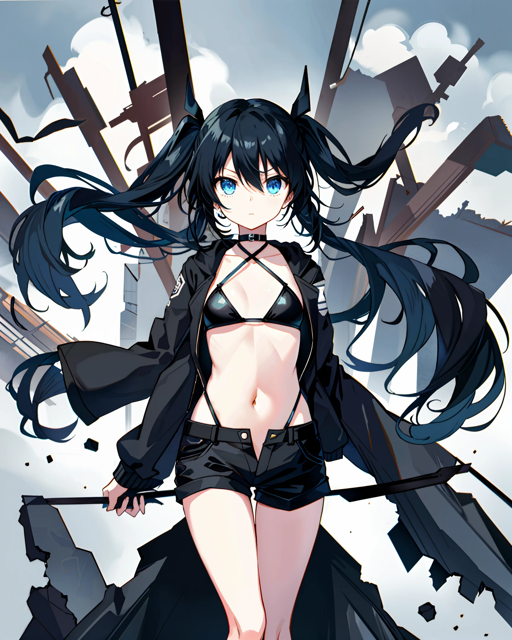 /imagine prompt: black rock shooter::80, ,dual horsetail::40, The hair between the eyes,, Black jacket::25, Small swimsuit::5, Black shorts::25, Blue eyes::60, delicate::40, Plump thighs::30, Corona Render::20, Black, Apocalypse Ruins::10, manga::5, Portrait Photograp