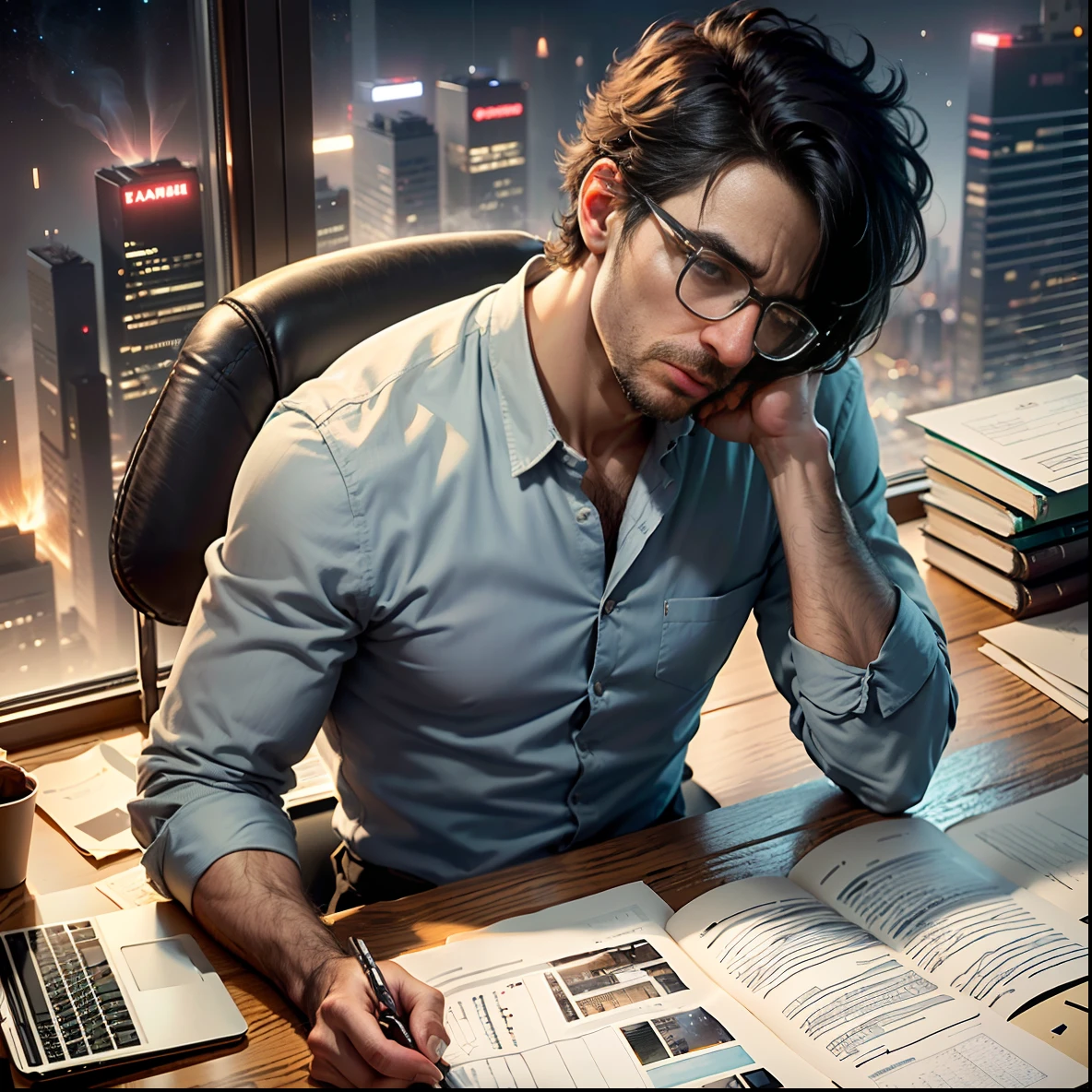 (extremely detailed CG high-definition illustration, top-tier masterpiece),(oppressive office, dim lighting, panoramic shot of a man sitting at a desk surrounded by piles of files),(exhausted and tired, with short black hair and glasses, resting his head on his hand as if in deep thought, opening a laptop, with a smoking coffee beside him, close-up shot emphasizing his fatigue),(night view of the city outside the window)