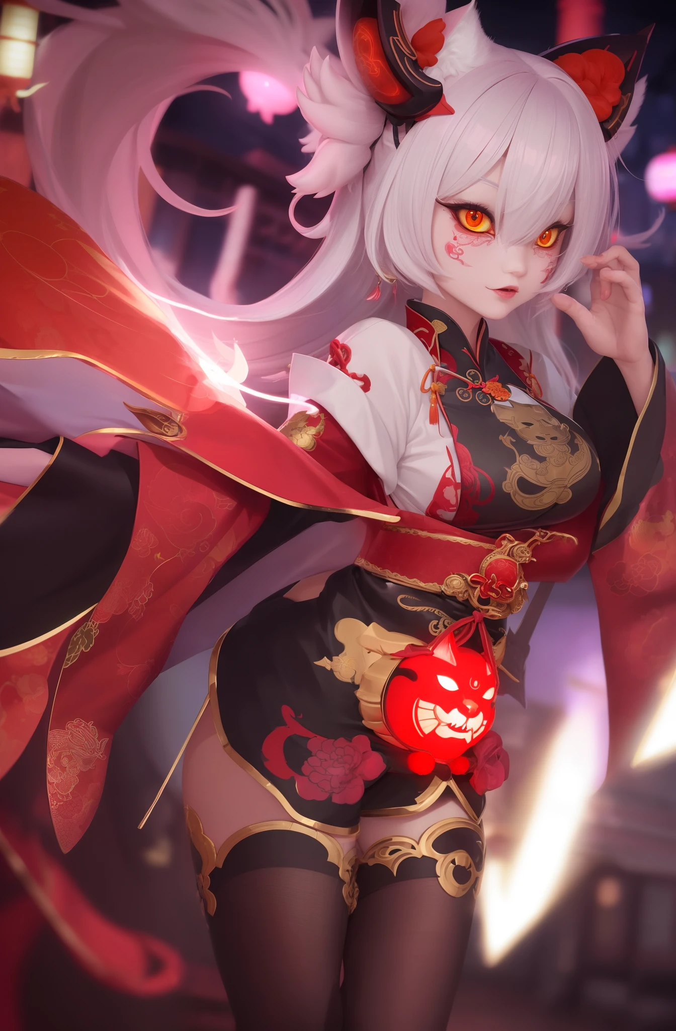 A cat, magical, anthropomorphic, girl, cute expression, glowing eyes, hannya mask, Hanfu, background ancient Chinese streets, night. Genshin Impact Impact, best quality, high detail, high quality, super high resolution, oc render, 8K