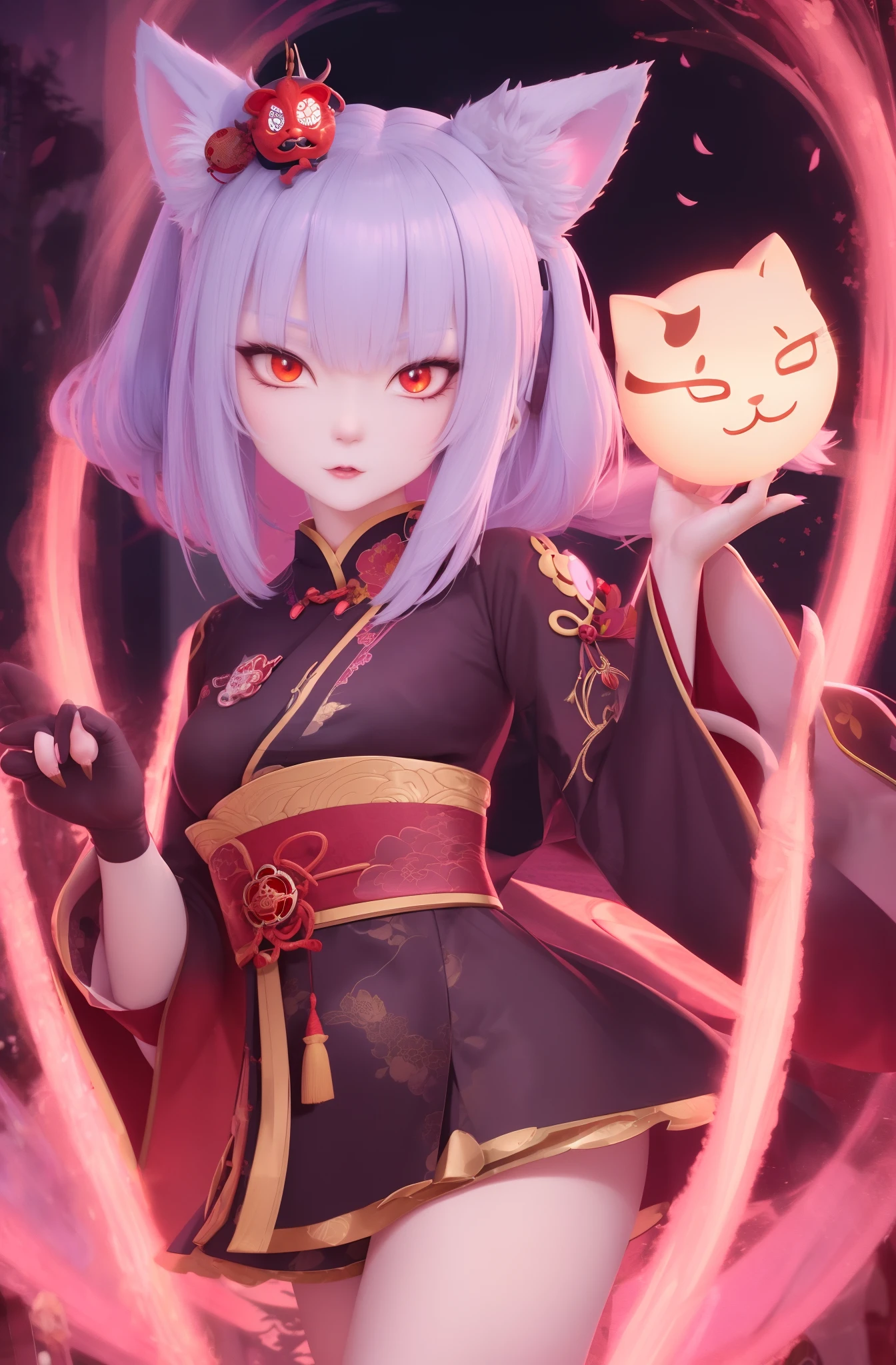 A cat, magical, anthropomorphic, girl, cute expression, glowing eyes, hannya mask, Hanfu, background ancient Chinese streets, night. Genshin Impact Impact, best quality, high detail, high quality, super high resolution, oc render, 8K