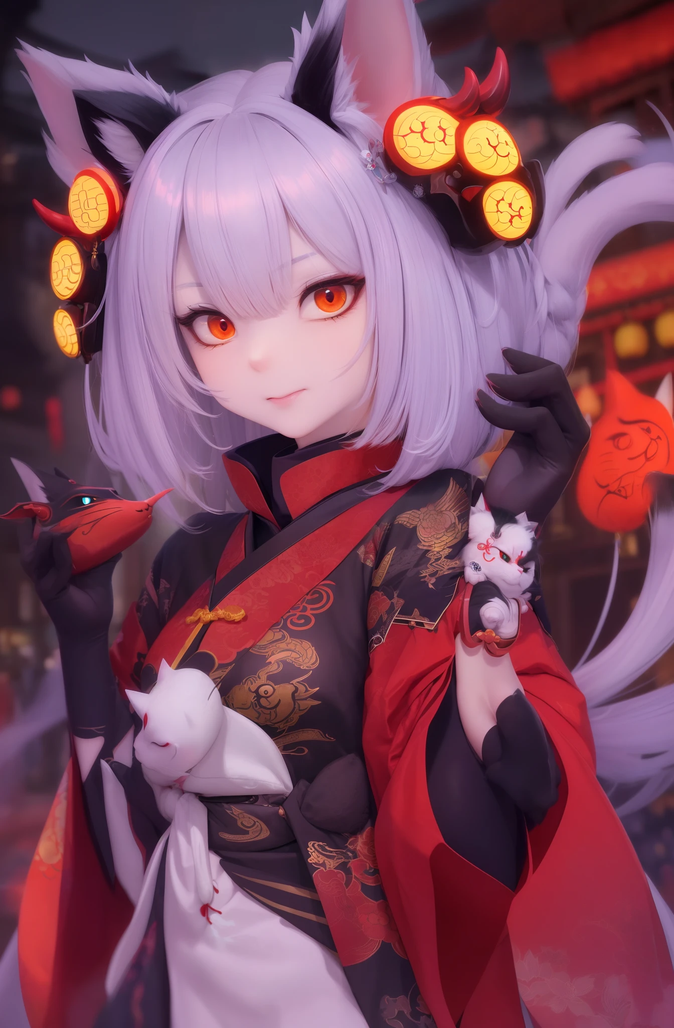 A cat, magical, anthropomorphic, girl, cute expression, glowing eyes, hannya mask, Hanfu, background ancient Chinese streets, night. Genshin Impact Impact, best quality, high detail, high quality, super high resolution, oc render, 8K