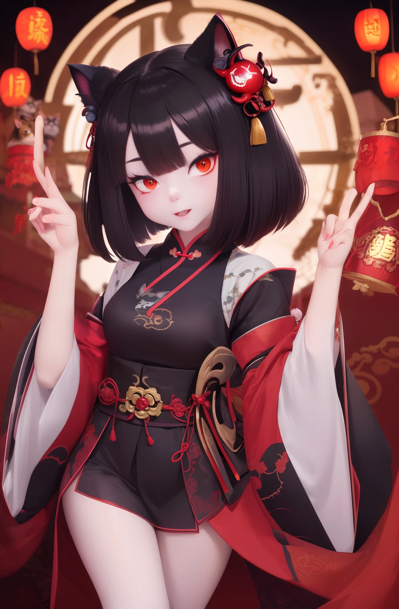 A cat, magical, anthropomorphic, girl, cute expression, glowing eyes, hannya mask, Hanfu, background ancient Chinese streets, night. Genshin Impact Impact, best quality, high detail, high quality, super high resolution, oc render, 8K