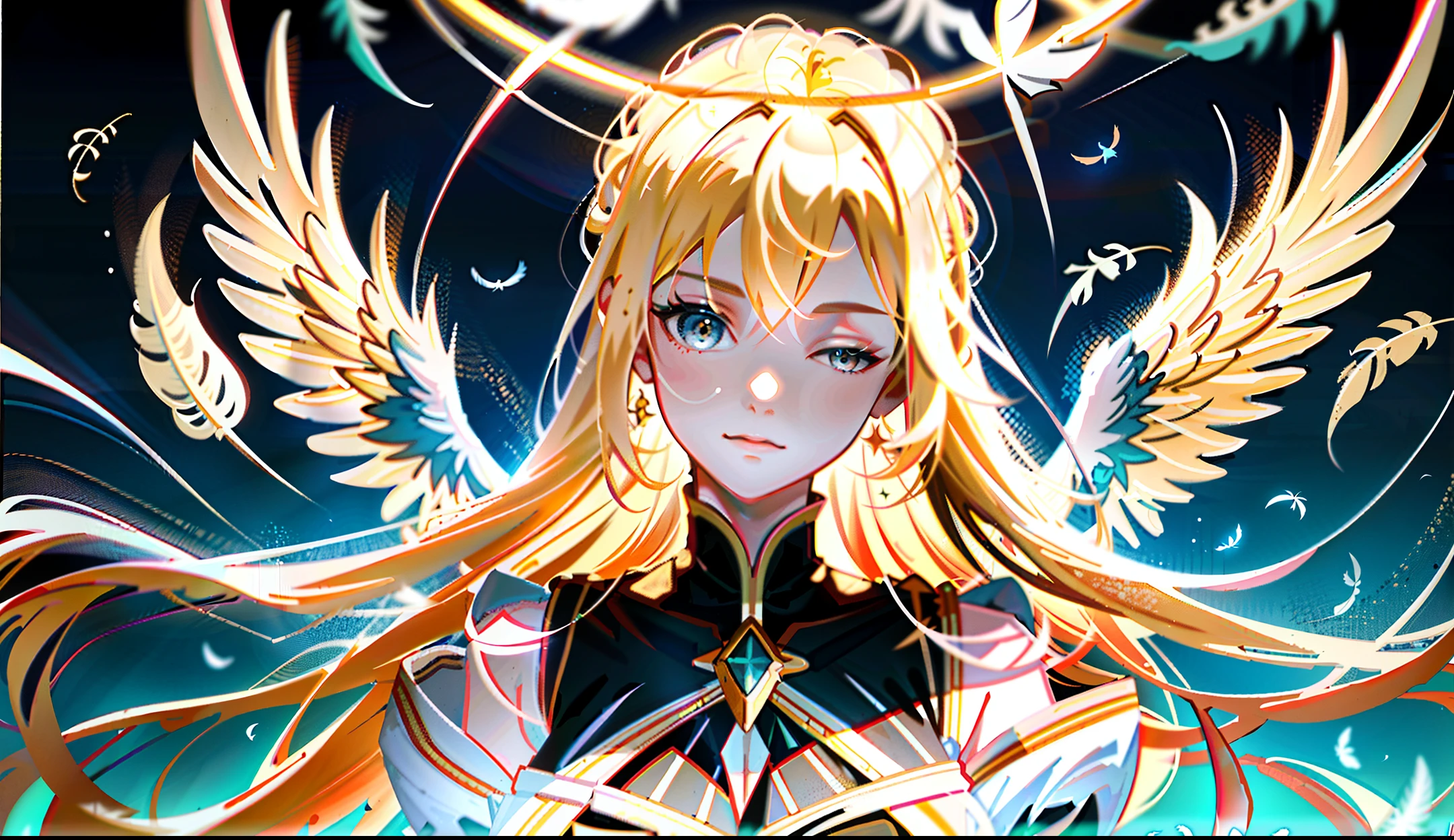 Bigger wings, wavy hair, caucasian, three-quarter bust, realistic feathers, dark night, strong light, sideways, white robe, only silhouette is illuminated, blond hair, dark background, Tyndall effect, fat woman Angel, Wings Spread, Angel Halo, Plump, Strong, Eyes Closed, Mother of Thunder, Kneeling, Greek Robe, Mature Maternal Love, Holy Religion (Masterpiece) (Extreme) (Ultra Fine) (Shaggy Hair) , (Illustration), (1girl), Cellar Light, Standing, Mannequins, (Interview), (Simple Background), Beautiful and detailed eyebrows, Delicate, Elegant, (High Saturation), (Color Splash), (Color Splash) , colorful bubbles, (flashing), focus on the face, the light source is the sun, from bottom to top, and the auxiliary light source is a yellow ceiling lamp.