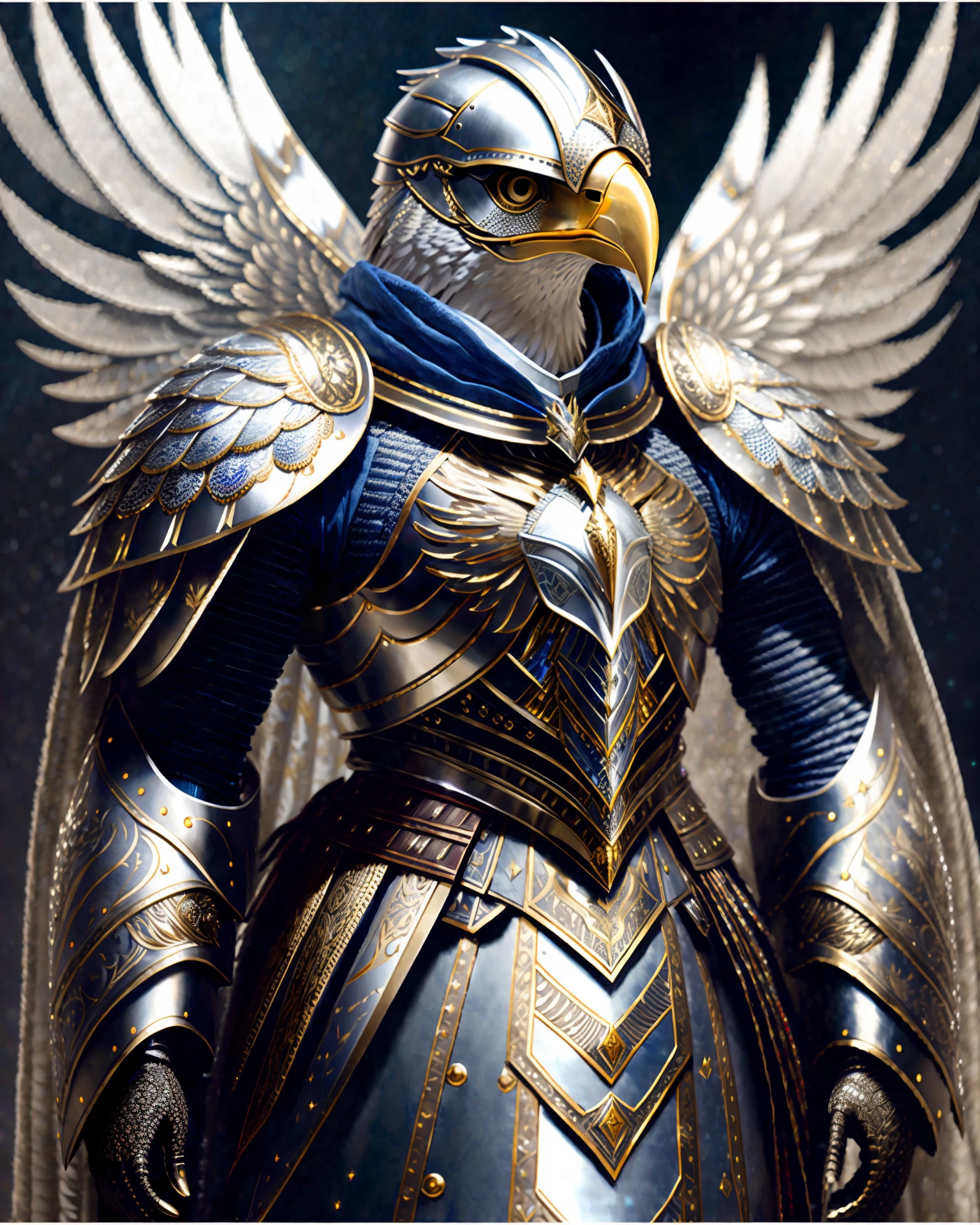 Eagle Knight, detailed armor, intricate design, silver, silk, movie lights, 4k